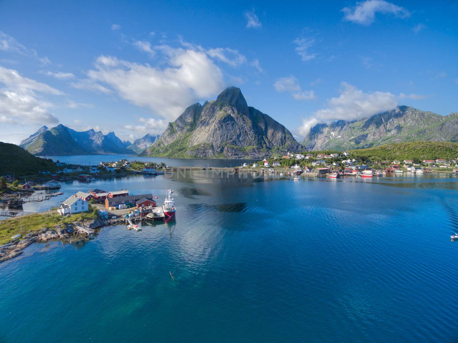 Aerial view of fishing town Reine and on Lofoten islands in Norway, famous tourist destination