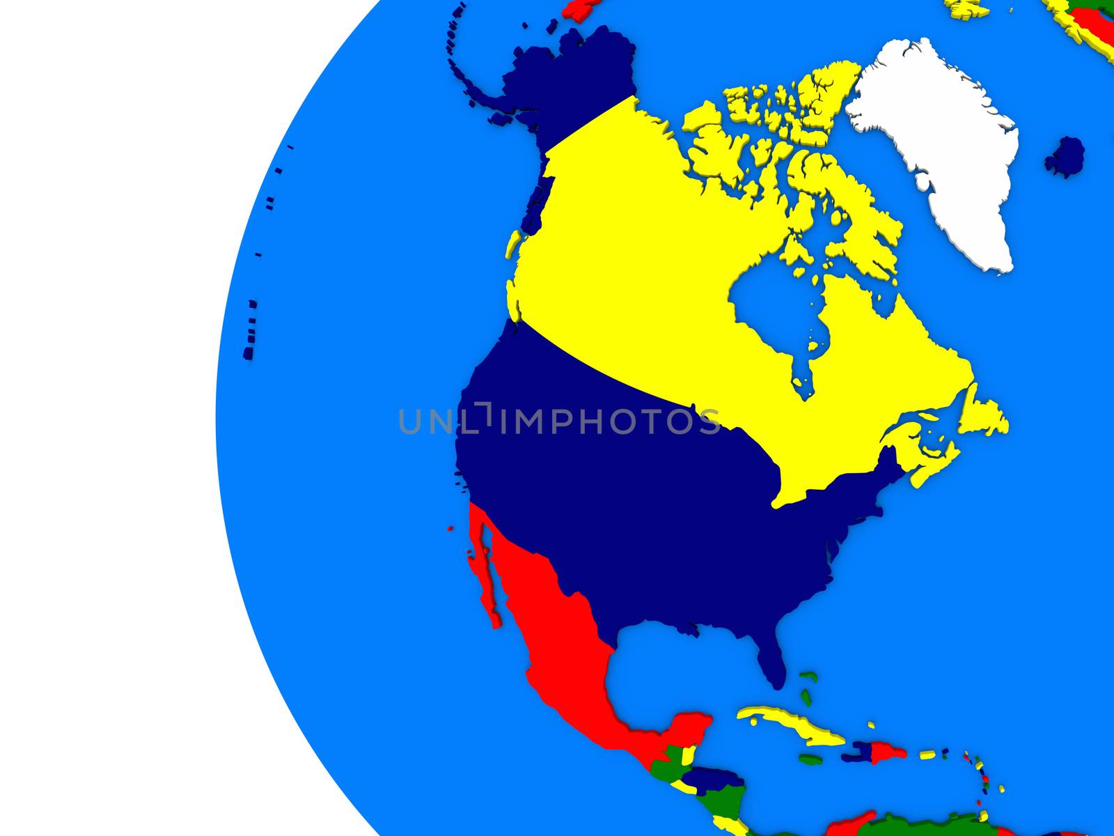 Illustration of north american continent on political globe with white background