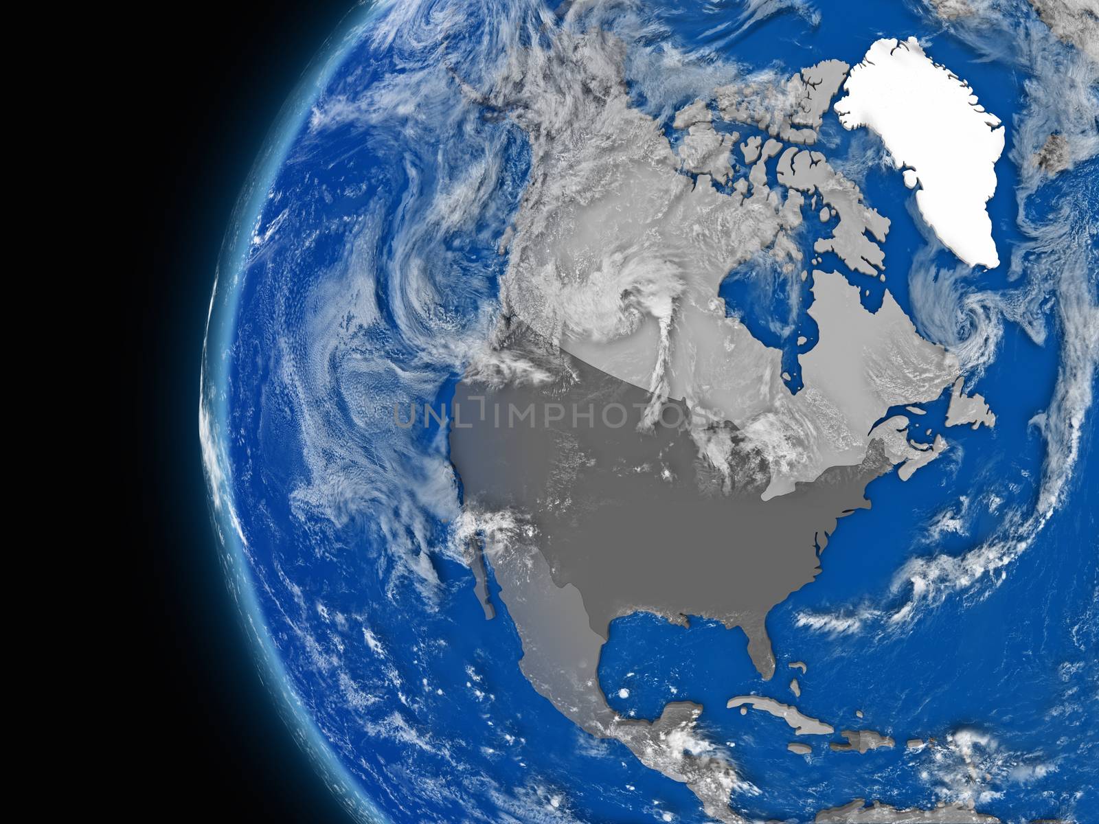 Illustration of north american continent on political globe with atmospheric features and clouds