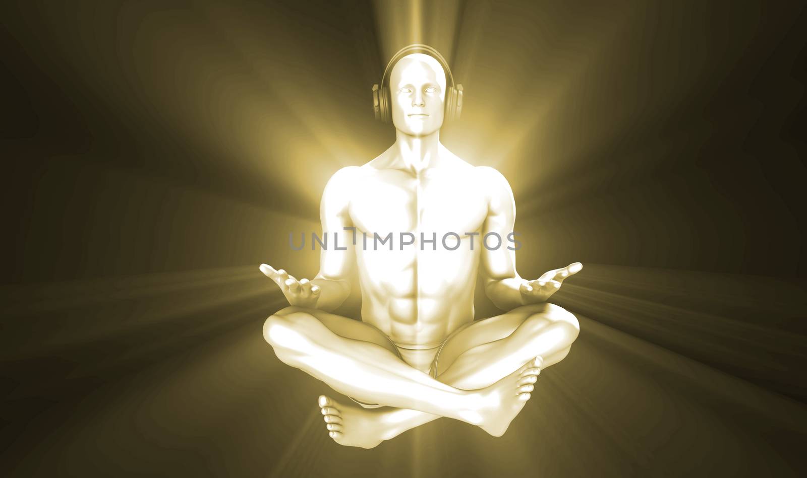 Man Listening to Music Meditating in Earphones 3d