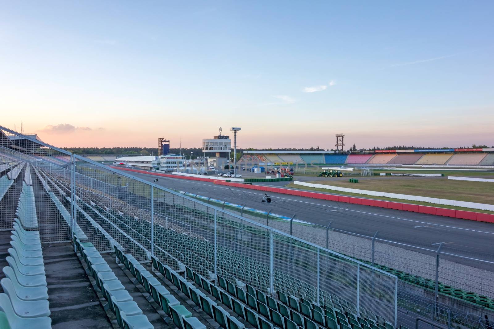 Hockenheim, Germany - April 22, 2014: Racetrack named Hockenheimring - view of the infield with race tower, pit lane, and start / finish straight line