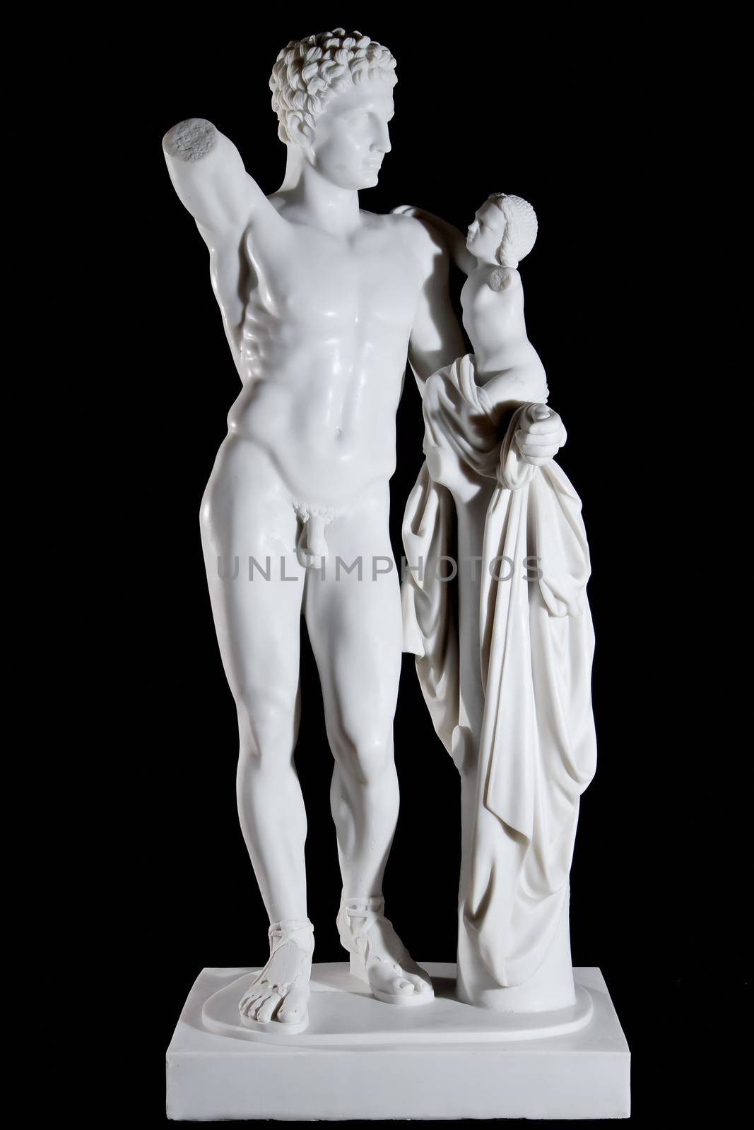 Classic white marble statue Hermes and the Infant Dionysus isolated on black background