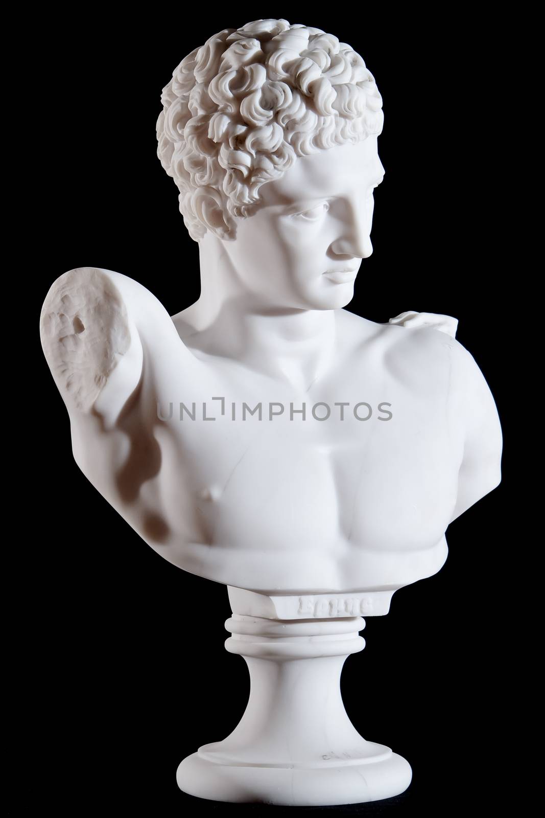 Classic white marble bust, element of statue Hermes and the Infant Dionysus isolated on black background by mrakor