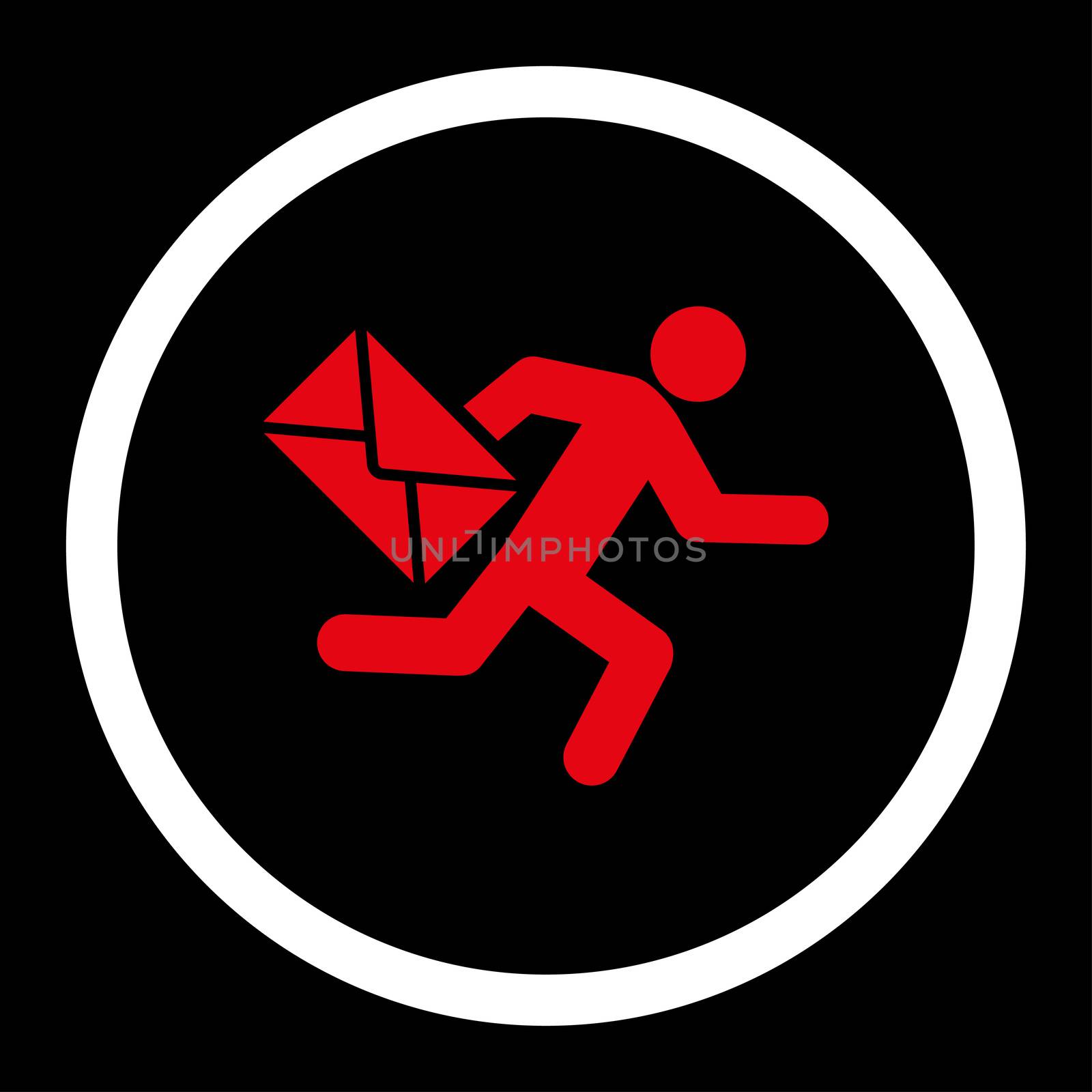 Mail courier glyph icon. This rounded flat symbol is drawn with red and white colors on a black background.