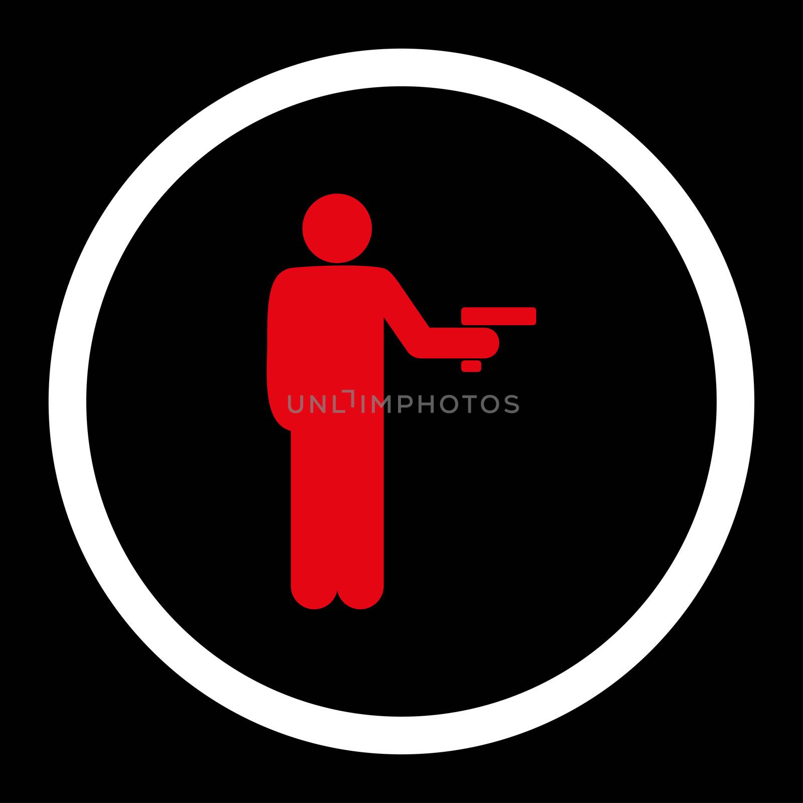 Robbery glyph icon. This rounded flat symbol is drawn with red and white colors on a black background.