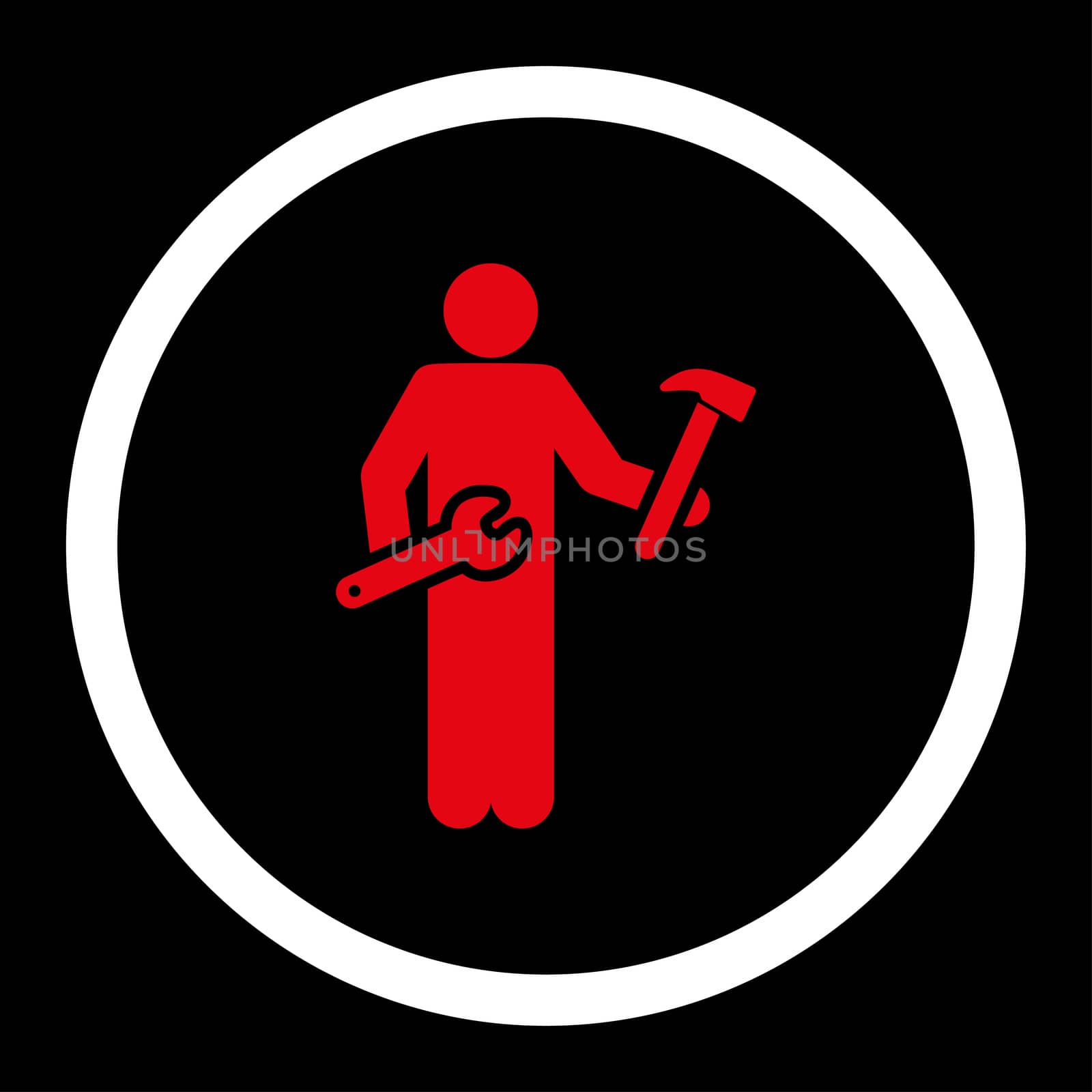 Serviceman glyph icon. This rounded flat symbol is drawn with red and white colors on a black background.