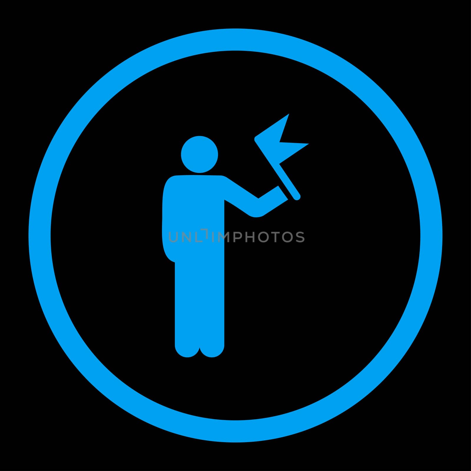 Man with Flag glyph icon. This rounded flat symbol is drawn with blue color on a black background.