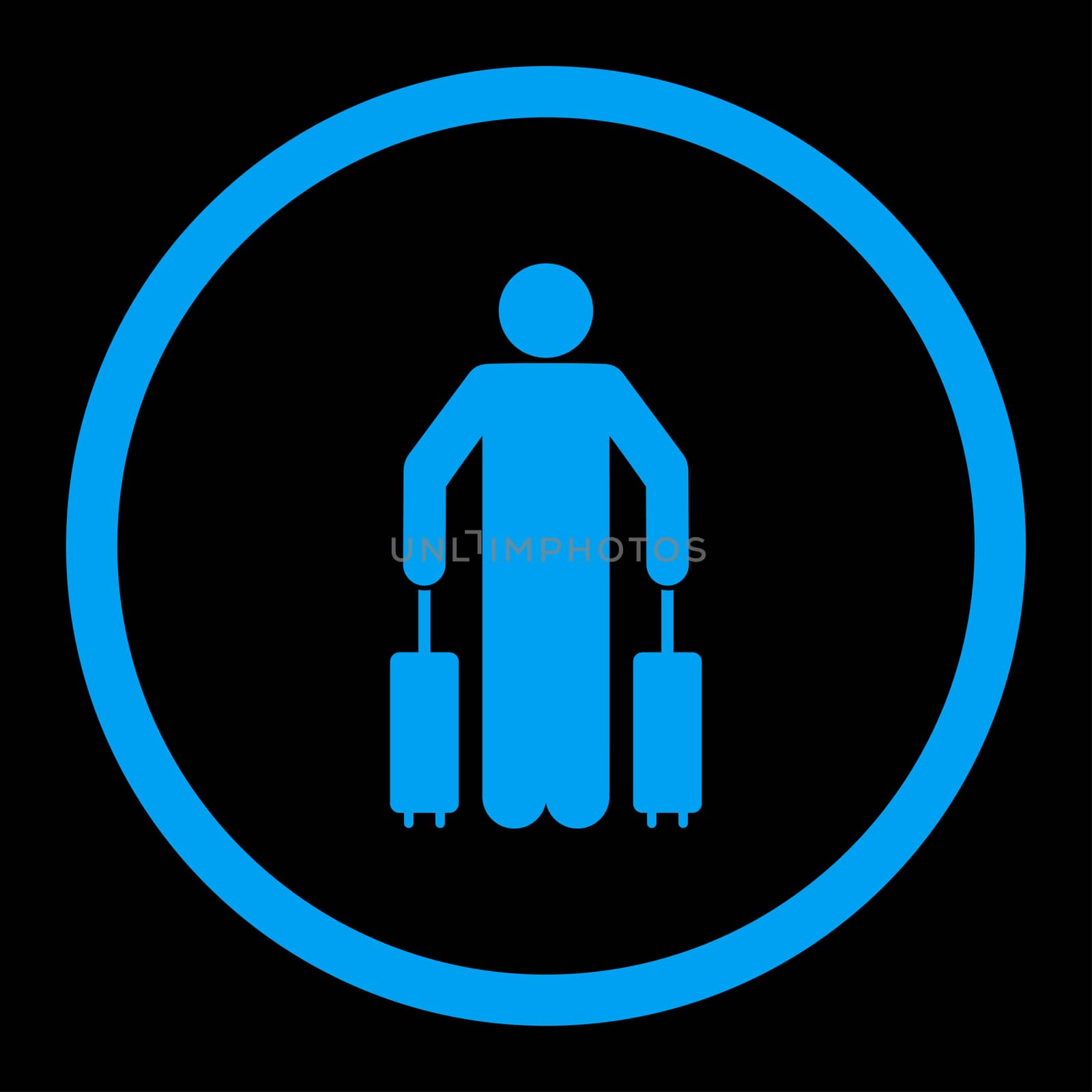 Passenger baggage glyph icon. This rounded flat symbol is drawn with blue color on a black background.