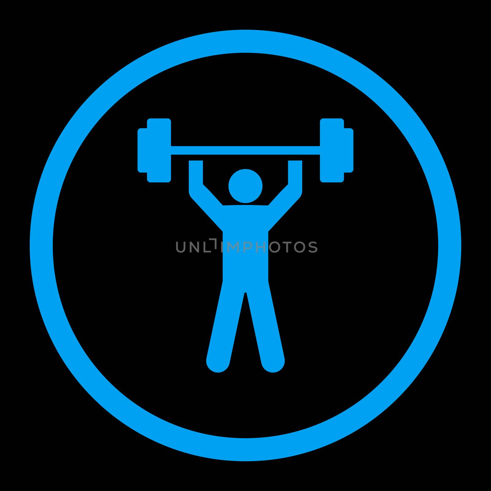 Power lifting glyph icon. This rounded flat symbol is drawn with blue color on a black background.