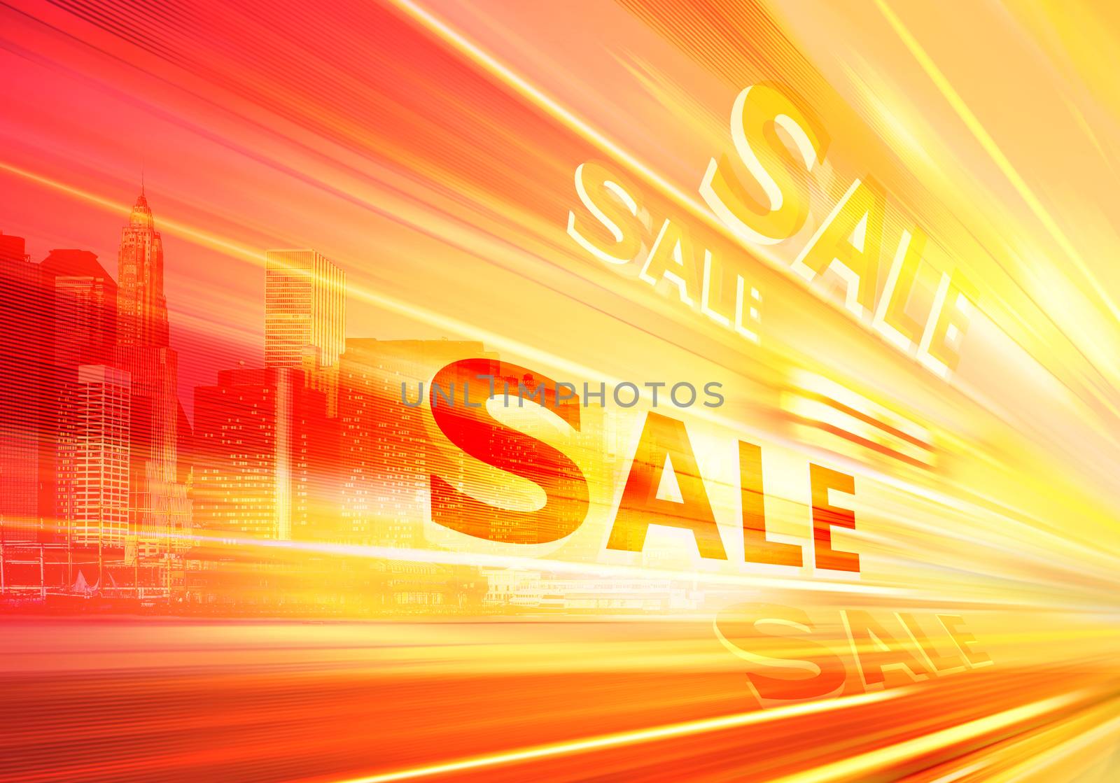 Shop Window In Big City With Sale Sign At Night