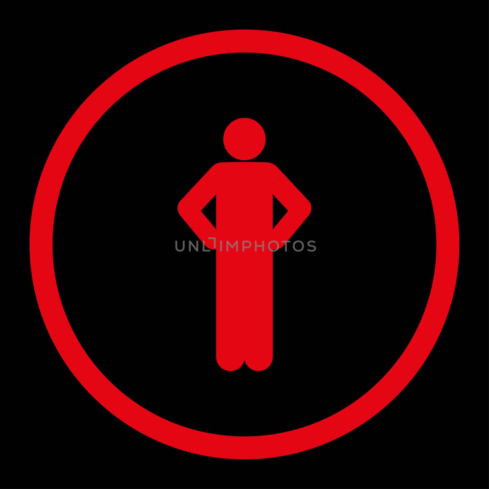 Akimbo glyph icon. This rounded flat symbol is drawn with red color on a black background.