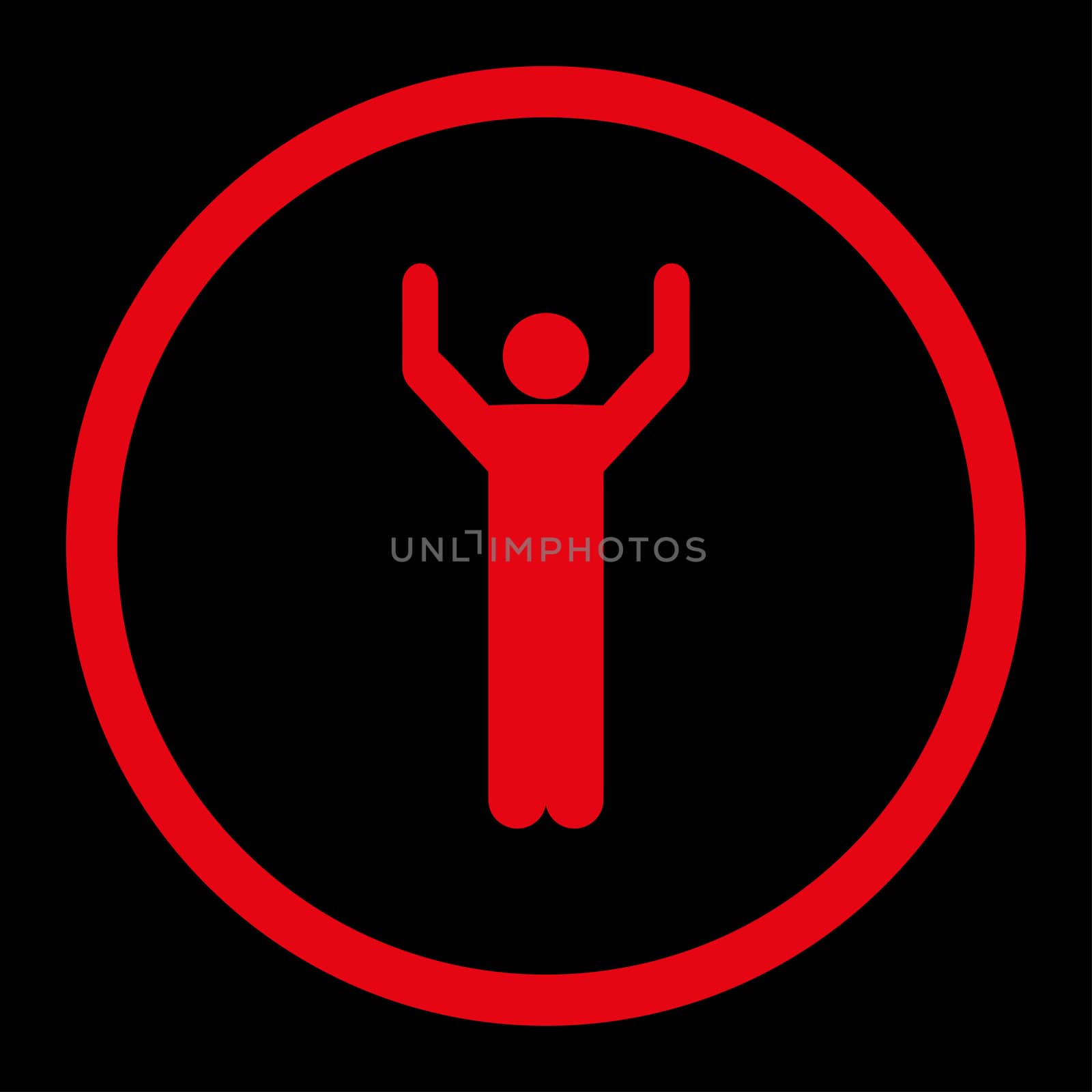 Hands up glyph icon. This rounded flat symbol is drawn with red color on a black background.