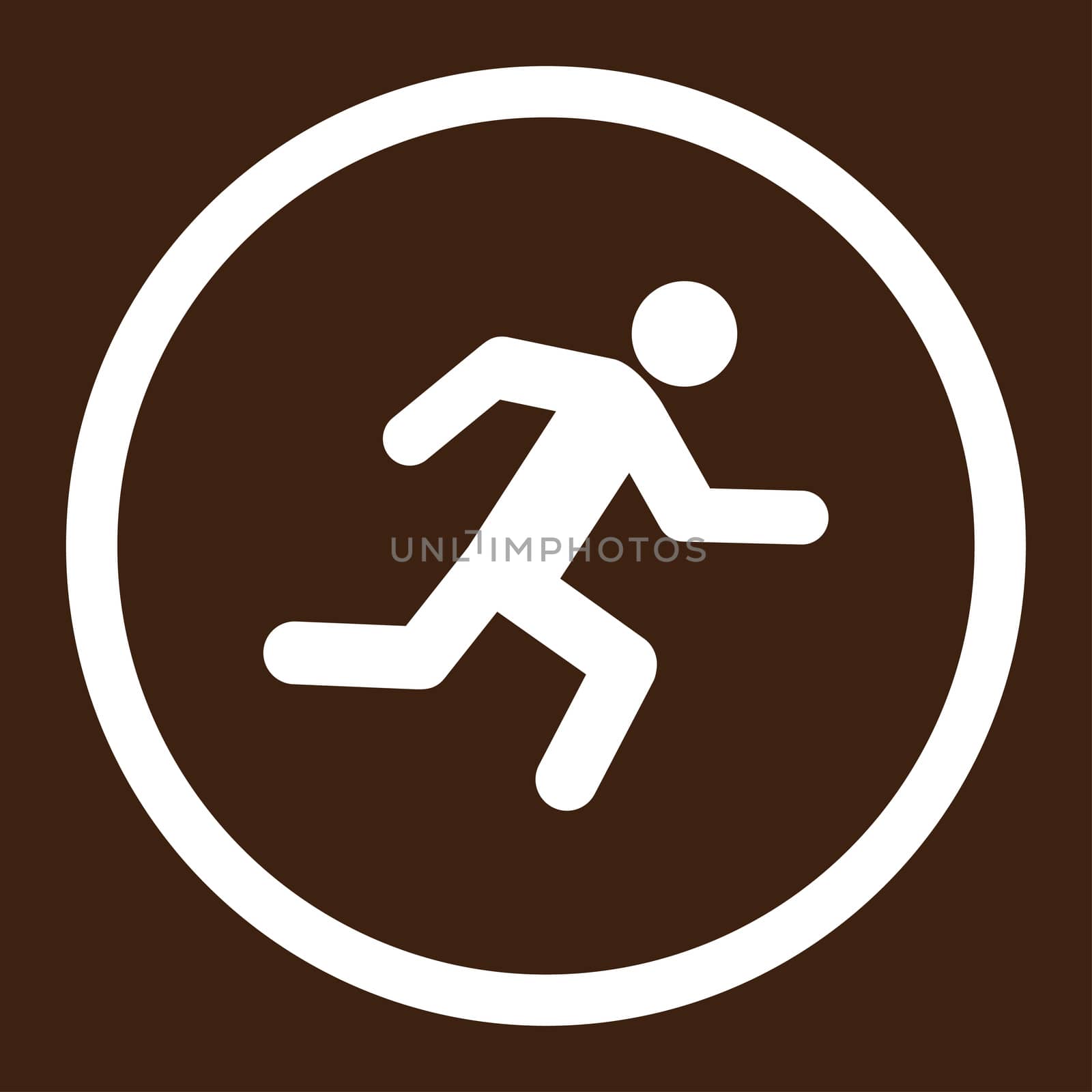 Running man glyph icon. This rounded flat symbol is drawn with white color on a brown background.