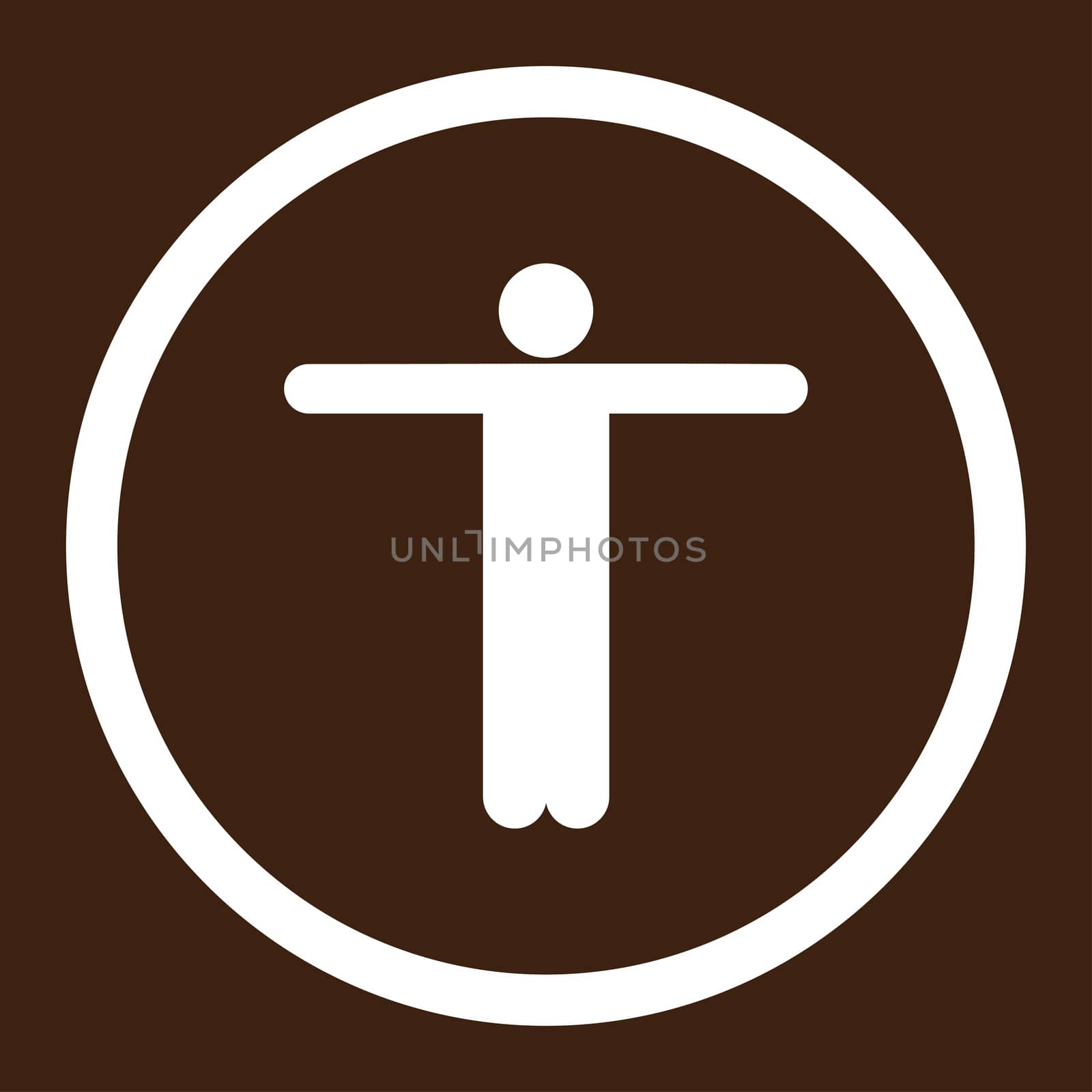 Scarecrow glyph icon. This rounded flat symbol is drawn with white color on a brown background.
