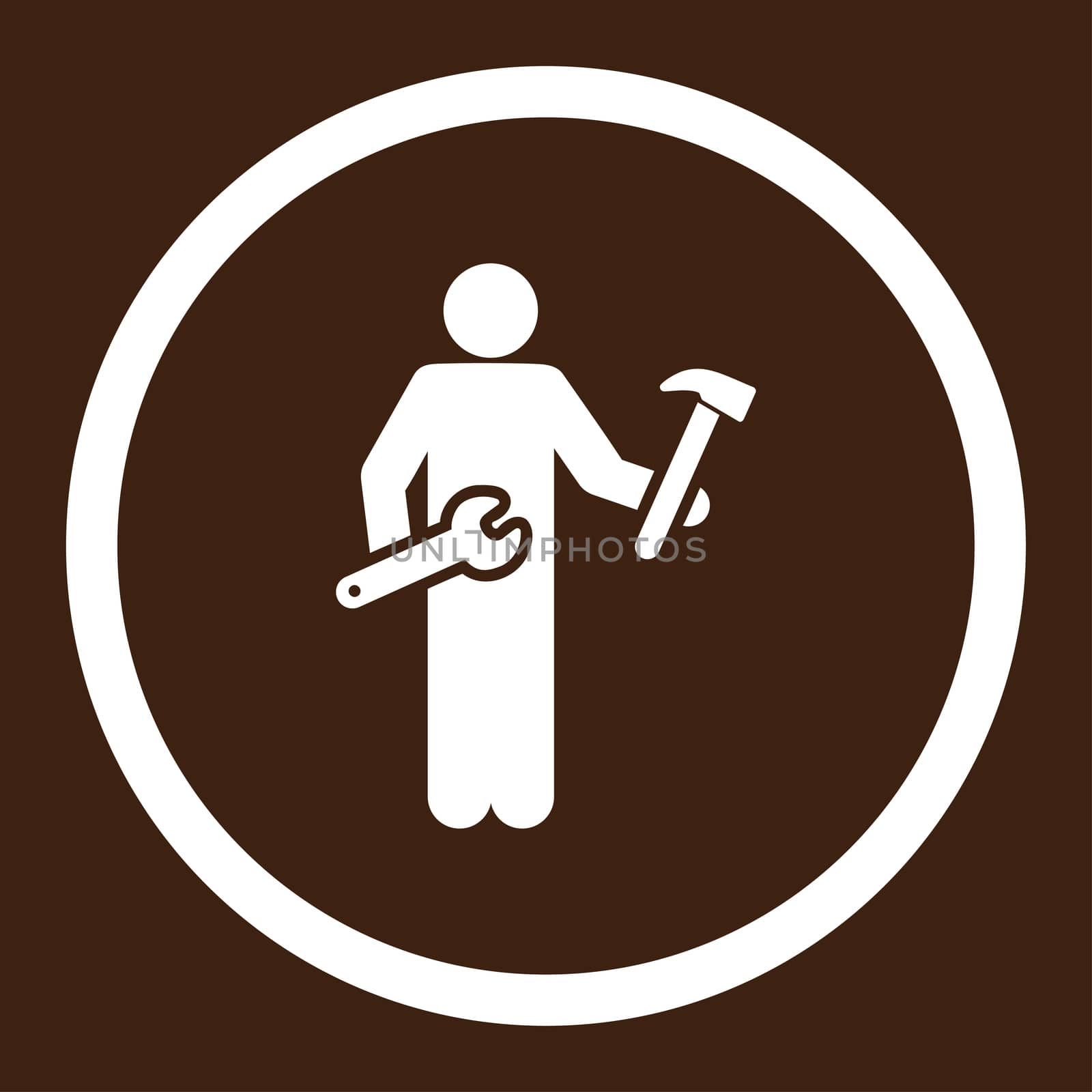 Serviceman glyph icon. This rounded flat symbol is drawn with white color on a brown background.