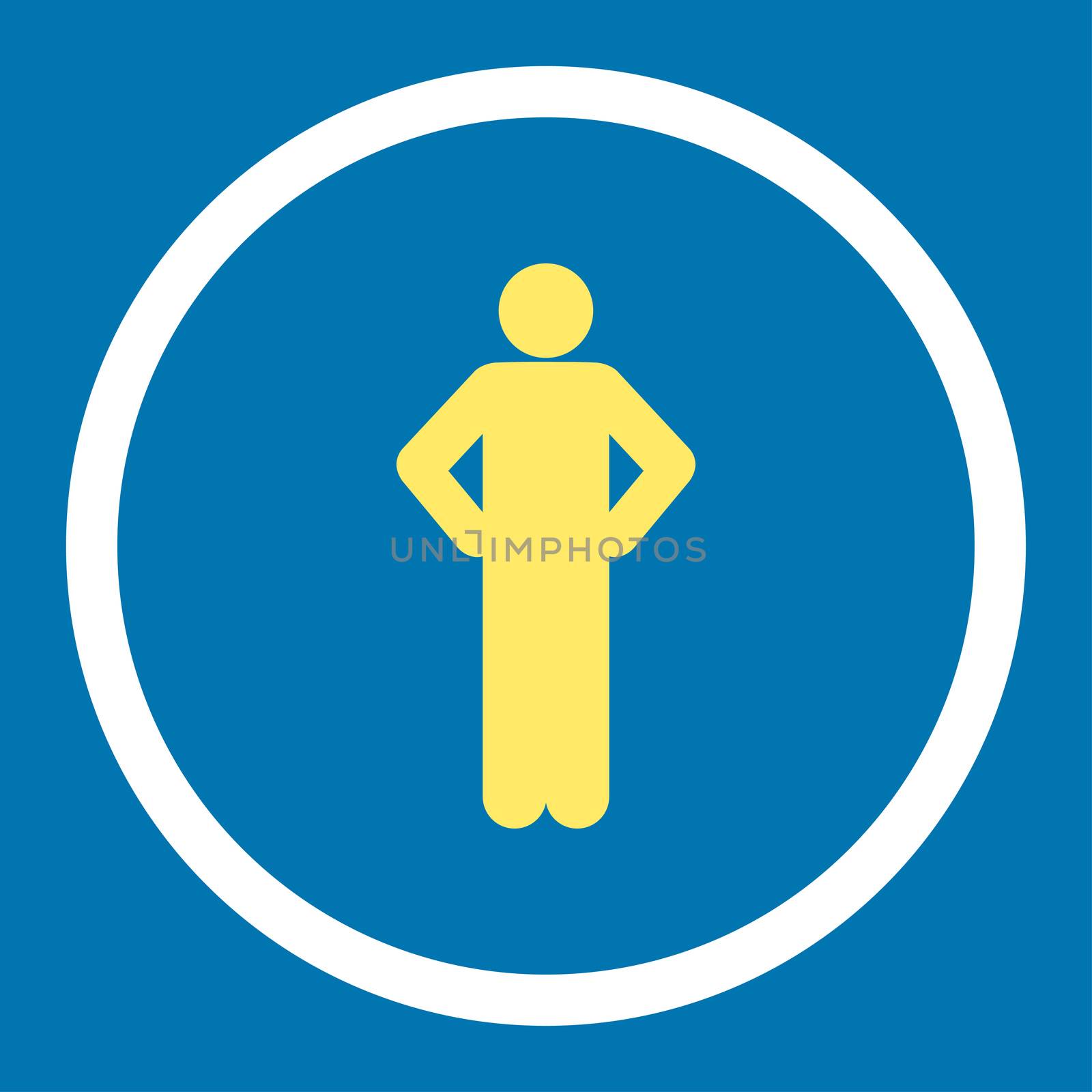 Akimbo glyph icon. This rounded flat symbol is drawn with yellow and white colors on a blue background.
