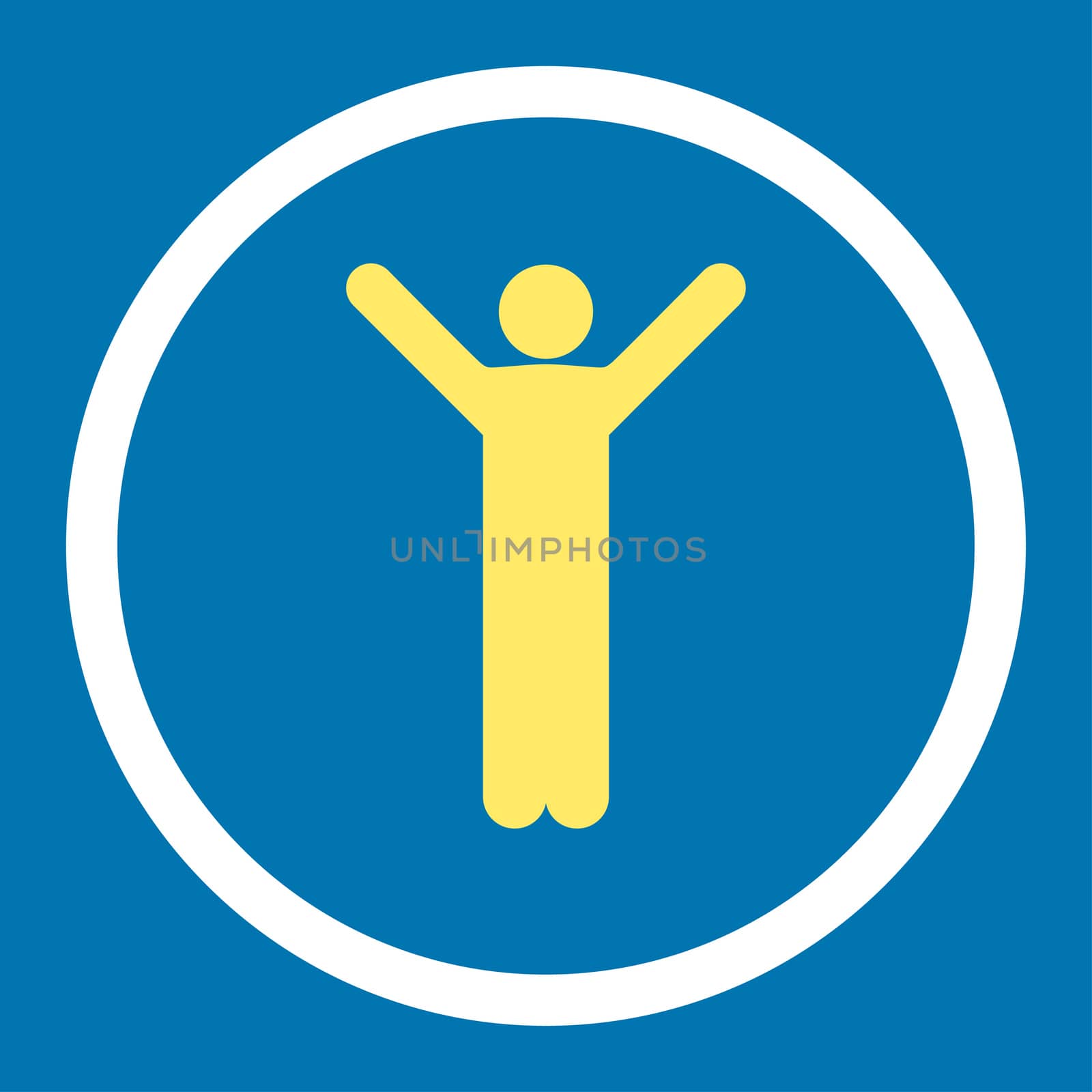 Happy glyph icon. This rounded flat symbol is drawn with yellow and white colors on a blue background.