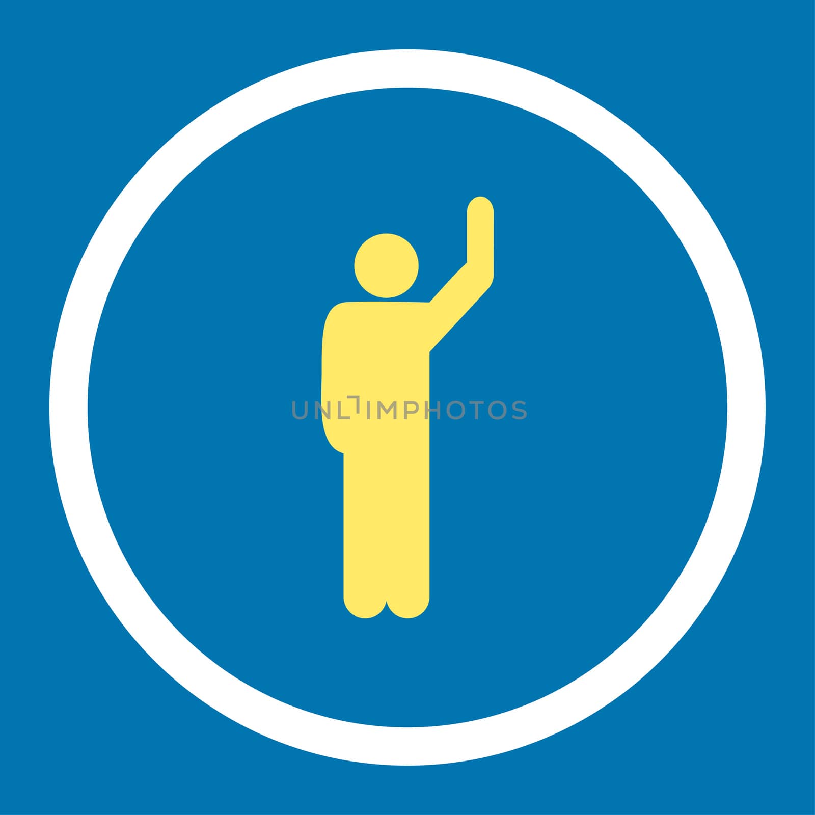 Hitchhike glyph icon. This rounded flat symbol is drawn with yellow and white colors on a blue background.