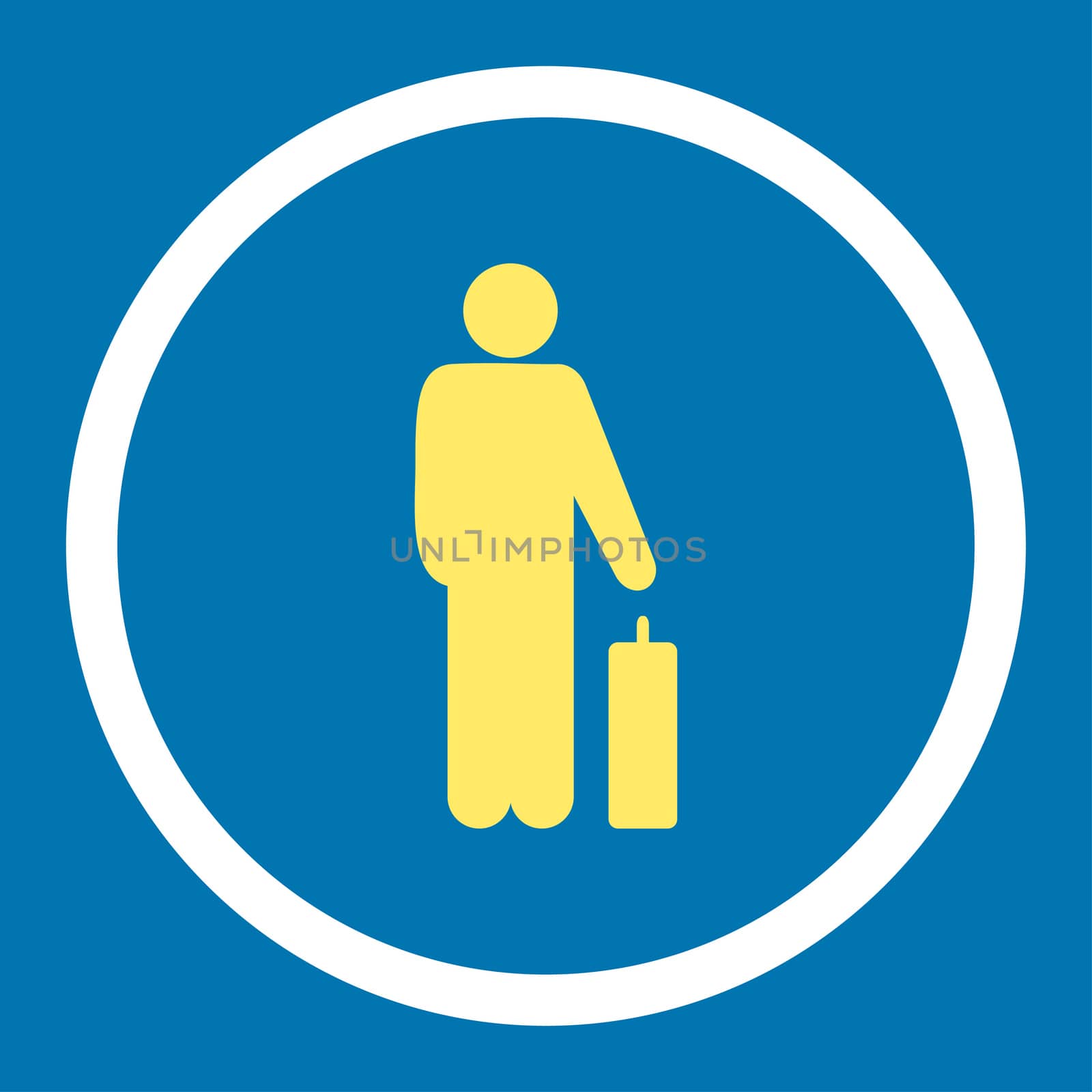 Passenger glyph icon. This rounded flat symbol is drawn with yellow and white colors on a blue background.