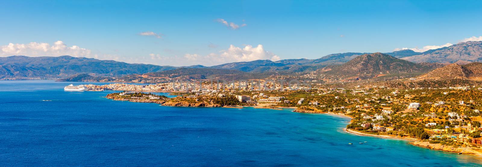 Agios Nikolaos and Mirabello Bay, Panorama. Agios Nikolaos is a picturesque town in the eastern part of the island Crete, Greece