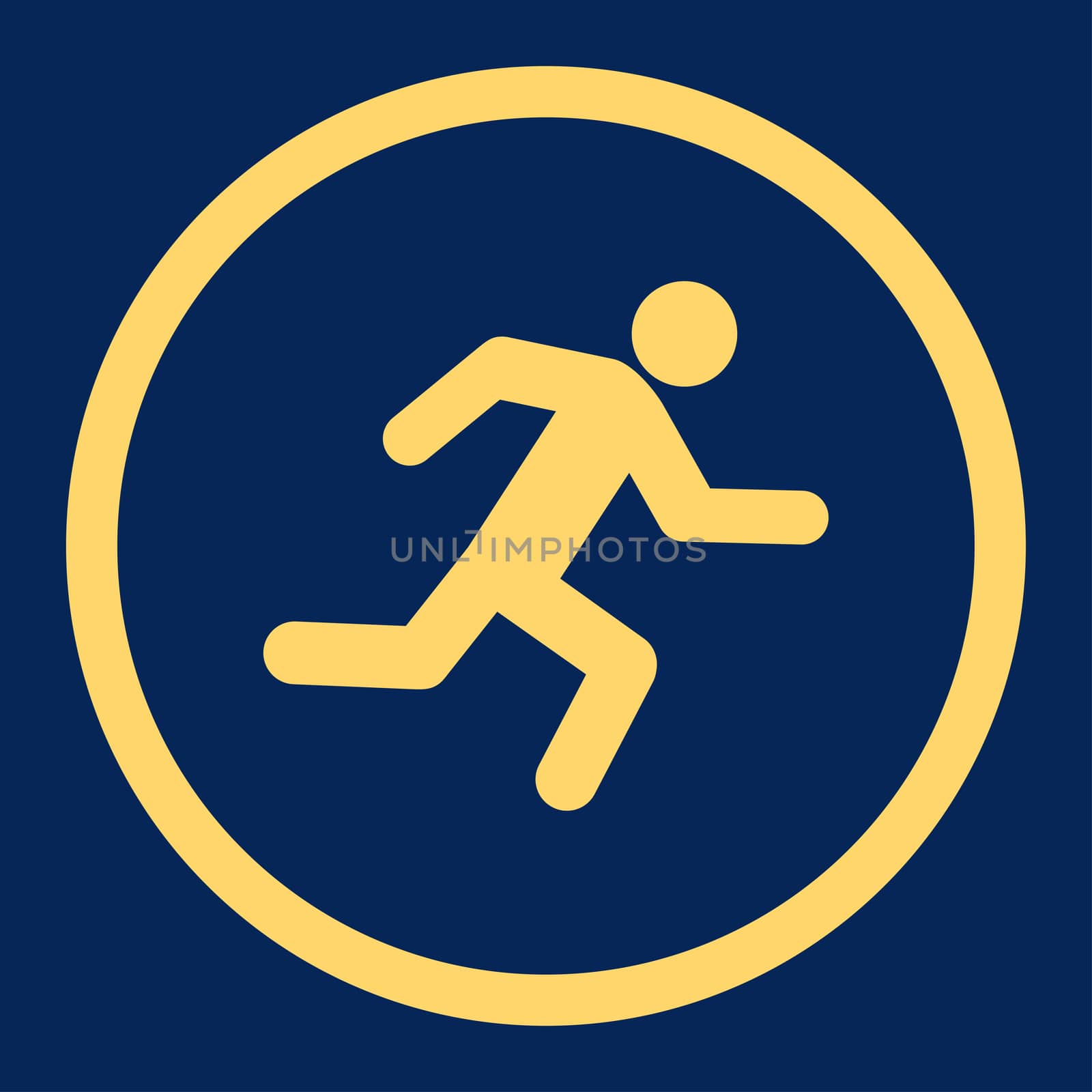 Running man glyph icon. This rounded flat symbol is drawn with yellow color on a blue background.