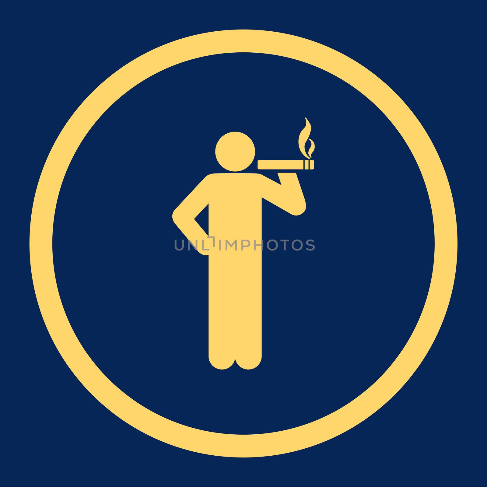 Smoking glyph icon. This rounded flat symbol is drawn with yellow color on a blue background.