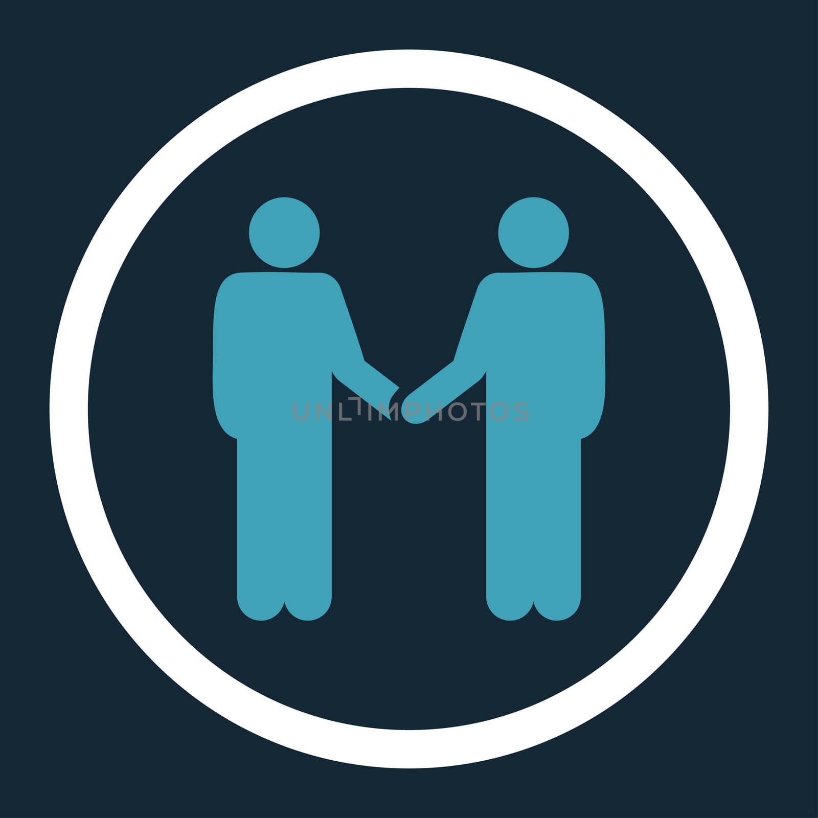 Handshake glyph icon. This rounded flat symbol is drawn with blue and white colors on a dark blue background.
