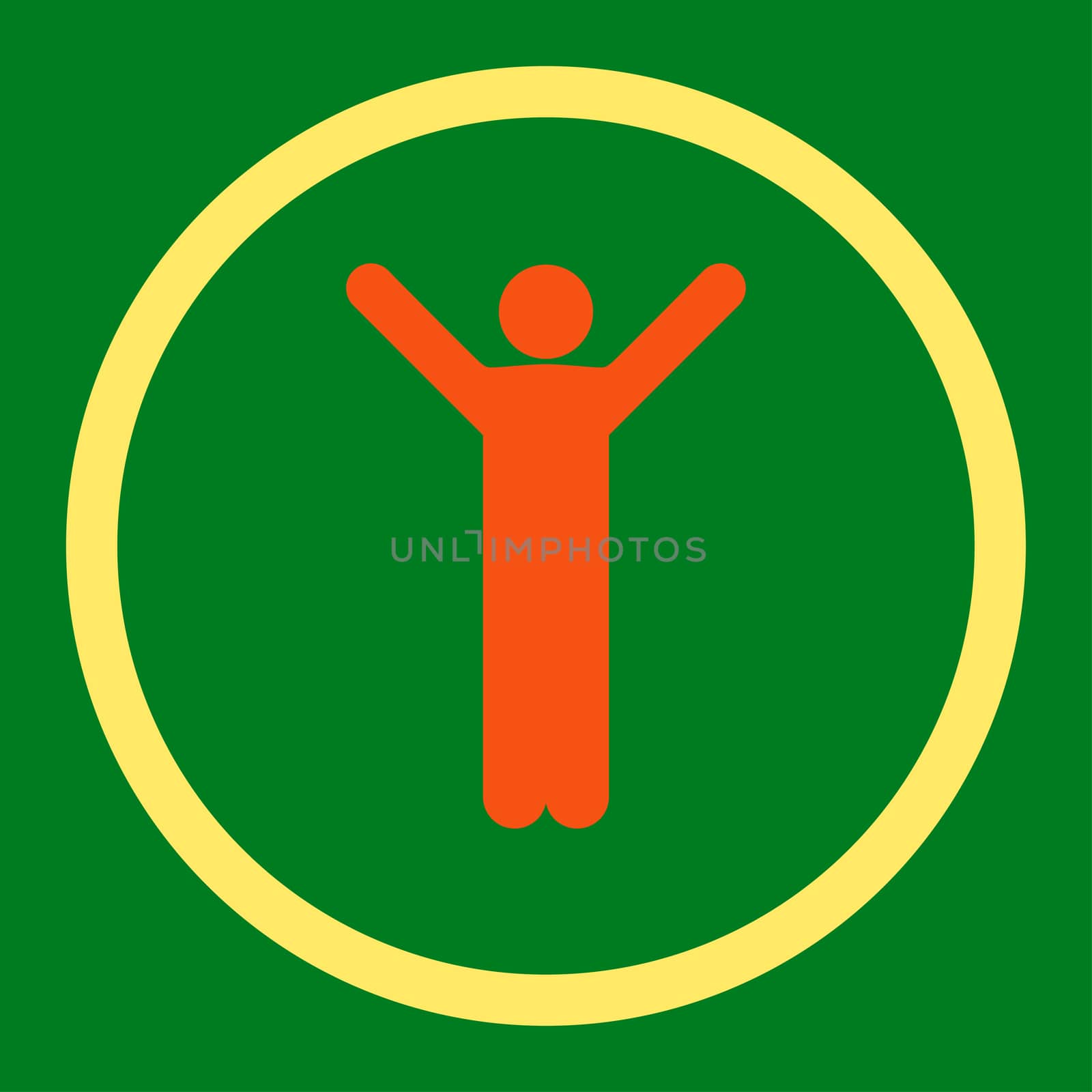 Happy glyph icon. This rounded flat symbol is drawn with orange and yellow colors on a green background.