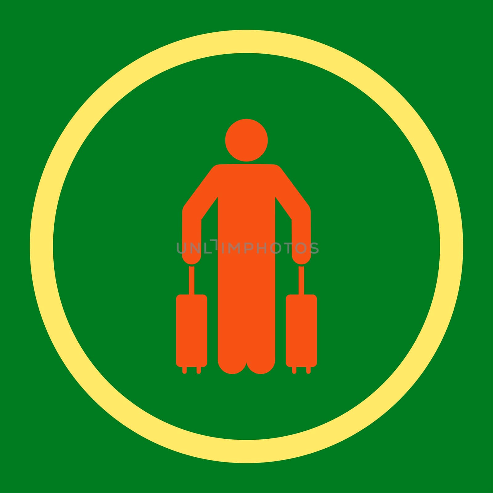 Passenger baggage glyph icon. This rounded flat symbol is drawn with orange and yellow colors on a green background.