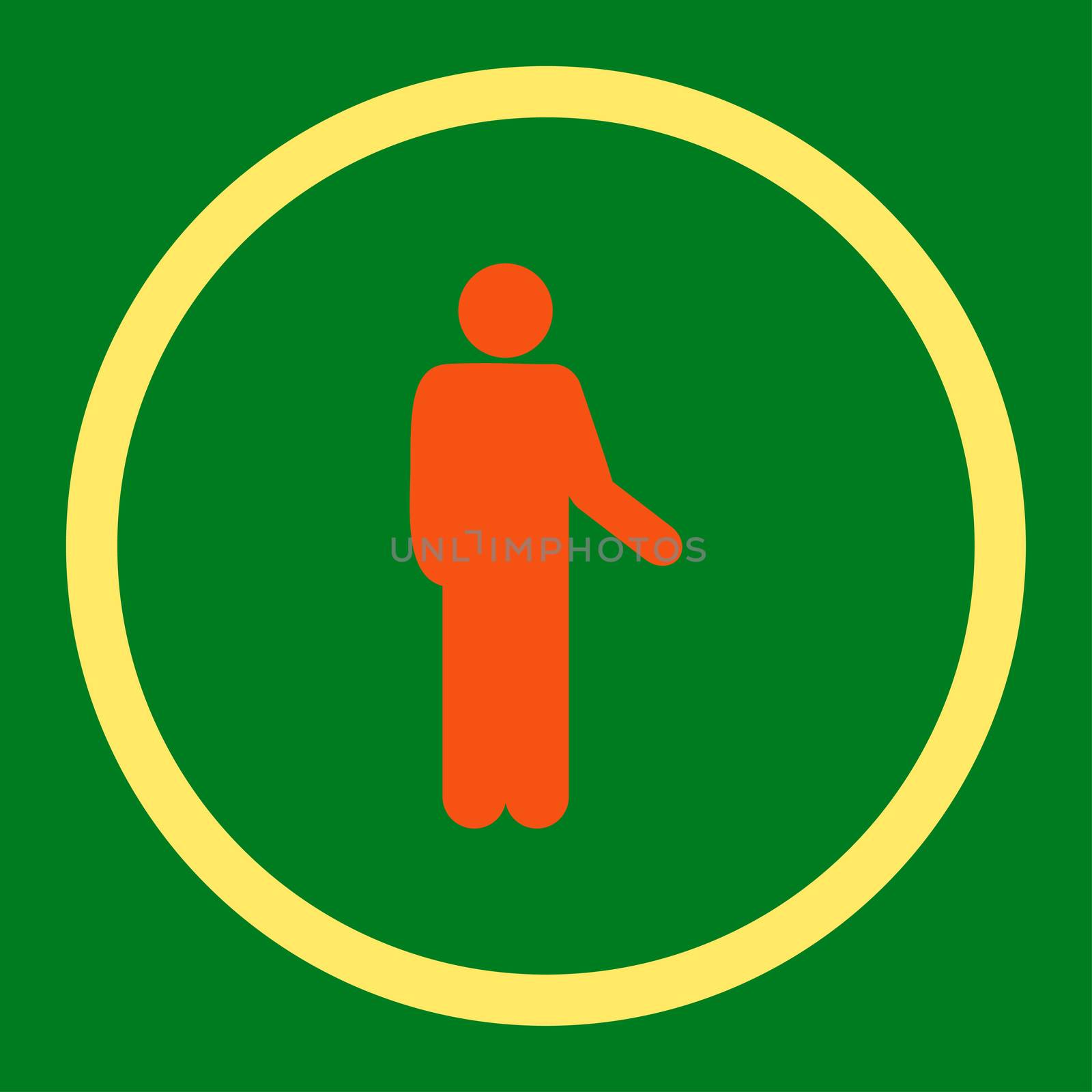 Relax glyph icon. This rounded flat symbol is drawn with orange and yellow colors on a green background.