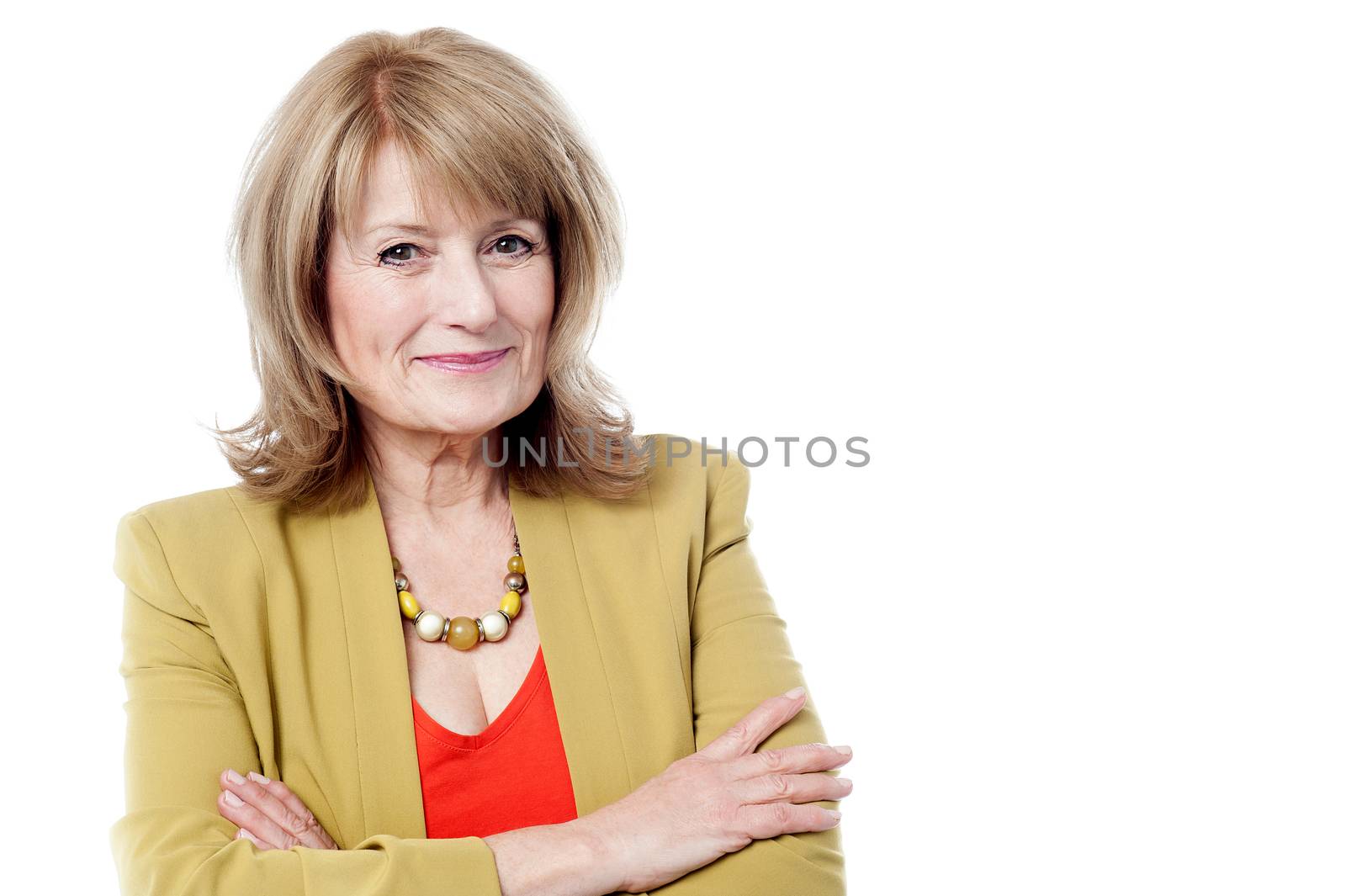 Mature woman in trendy wear over white