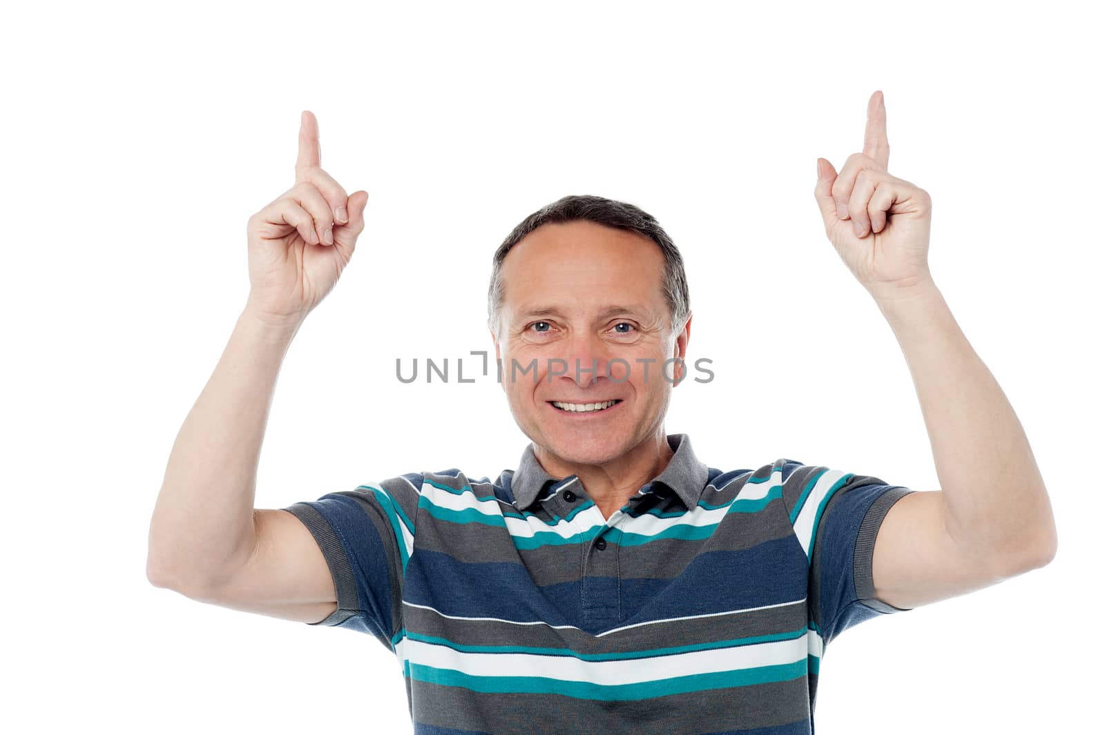 Happy aged man pointing his fingers upwards