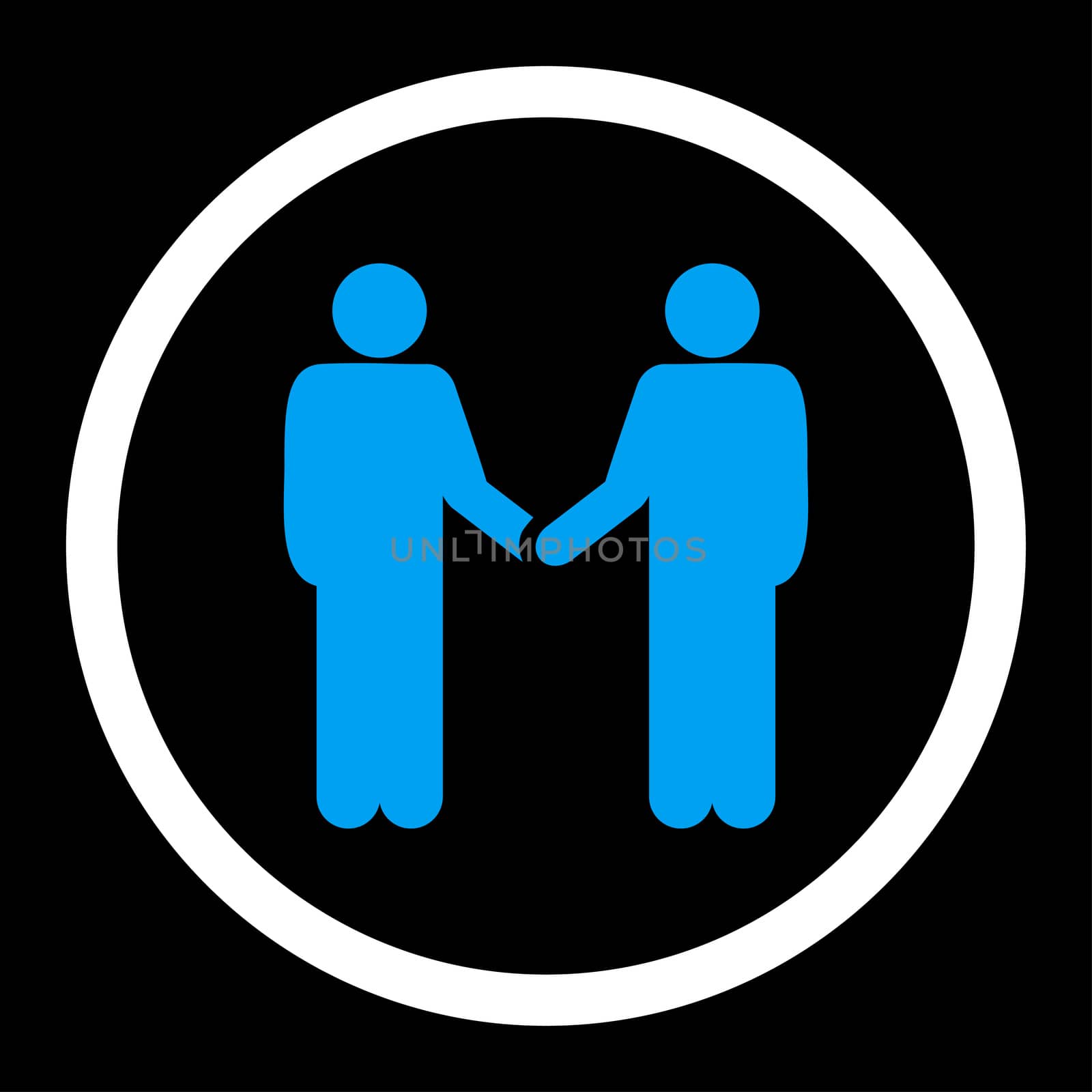 Handshake glyph icon. This rounded flat symbol is drawn with blue and white colors on a black background.