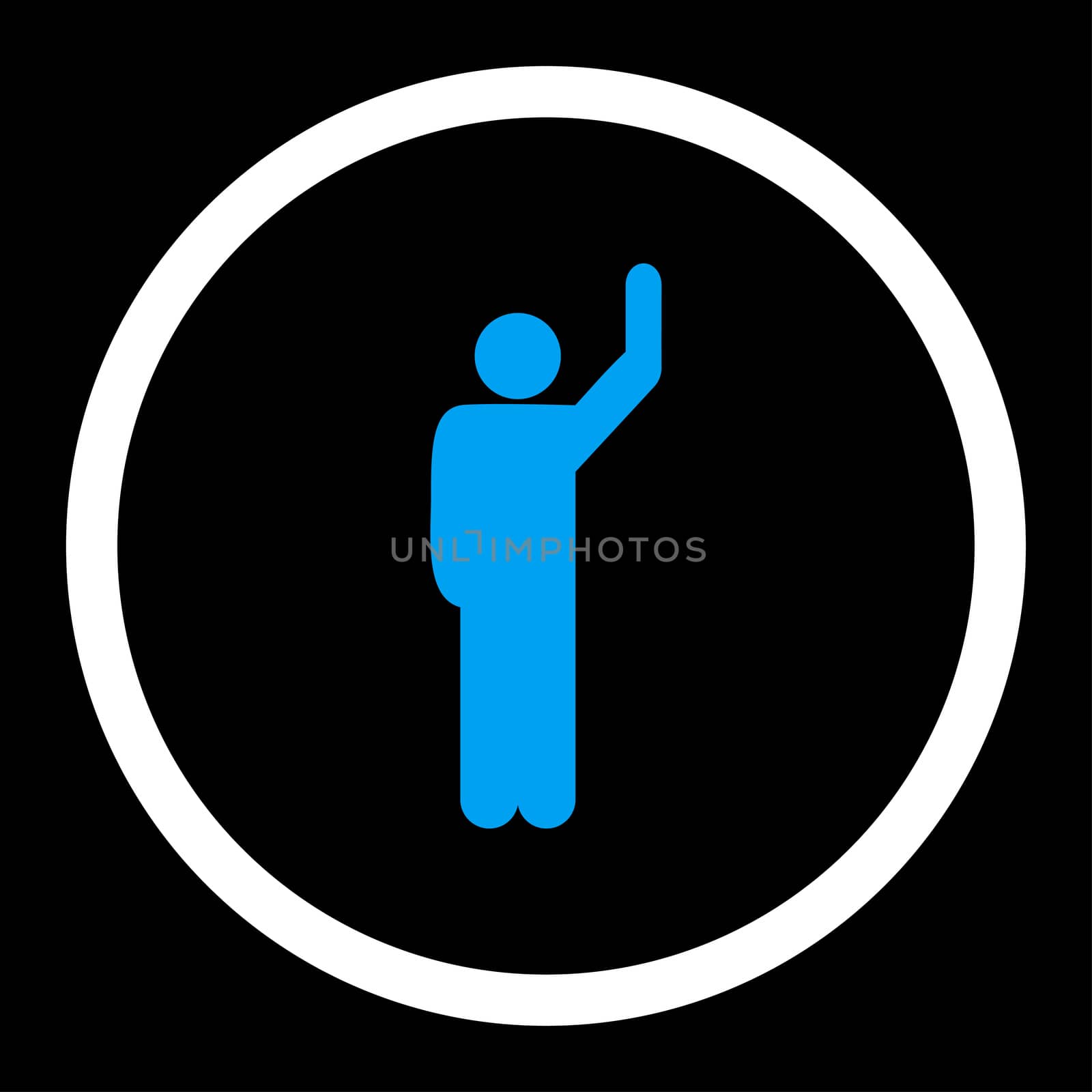 Hitchhike glyph icon. This rounded flat symbol is drawn with blue and white colors on a black background.
