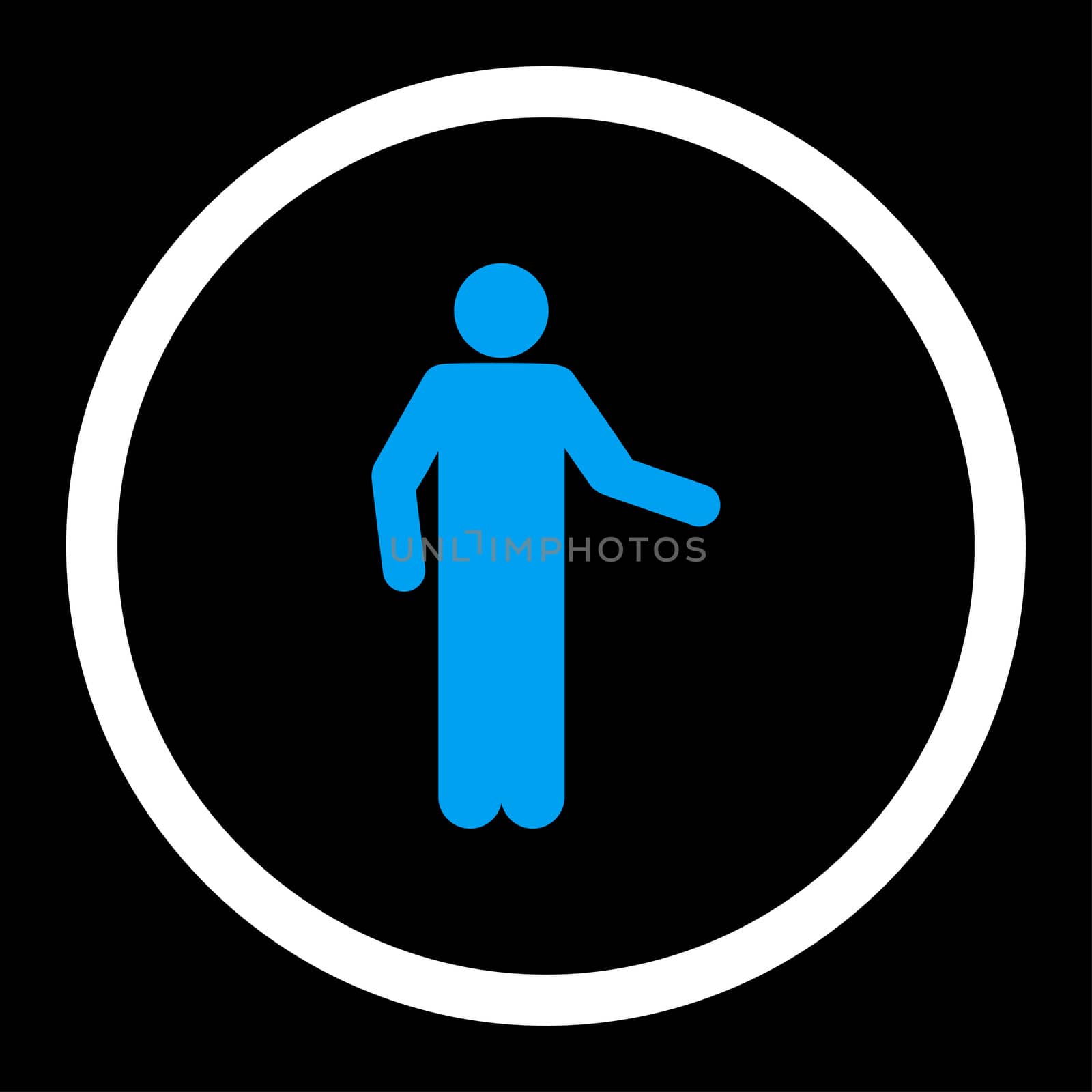 Invitation glyph icon. This rounded flat symbol is drawn with blue and white colors on a black background.