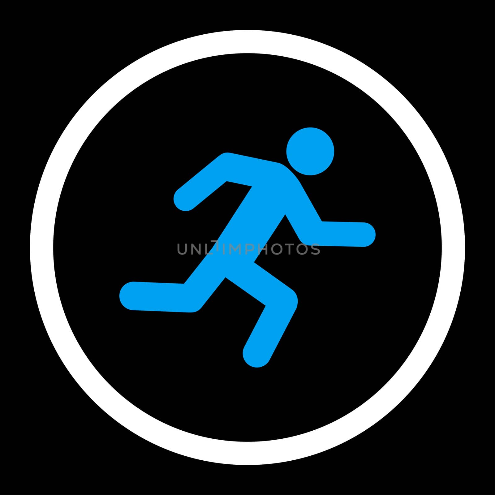 Running man glyph icon. This rounded flat symbol is drawn with blue and white colors on a black background.
