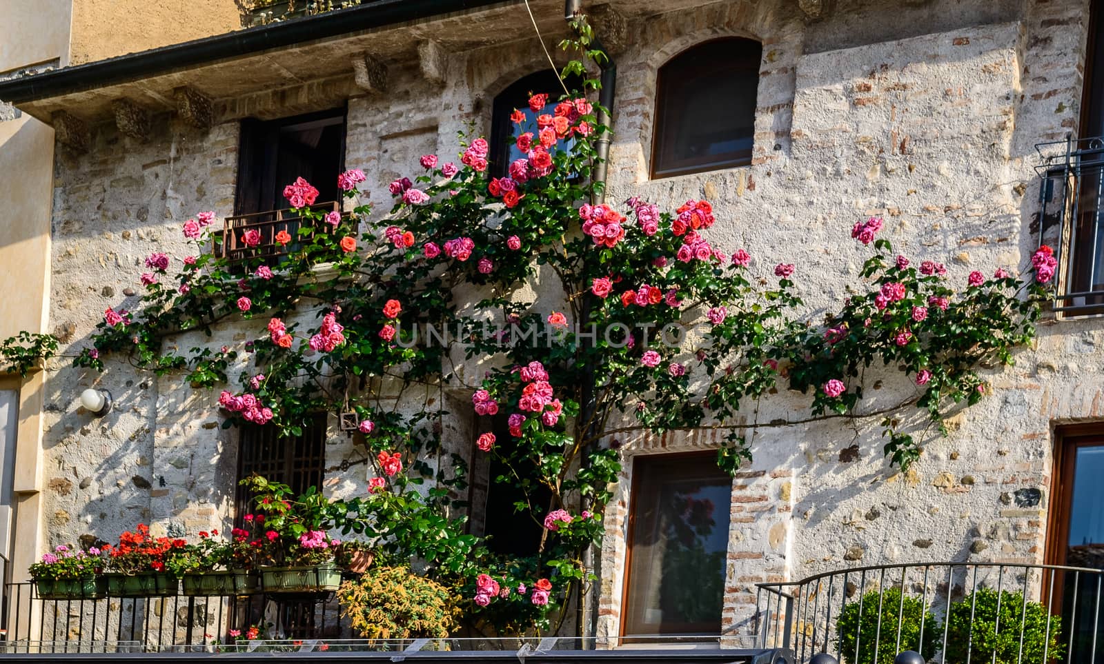 Beautiful vintage balcony with colorful flowers and stone wall , Mediterranean style