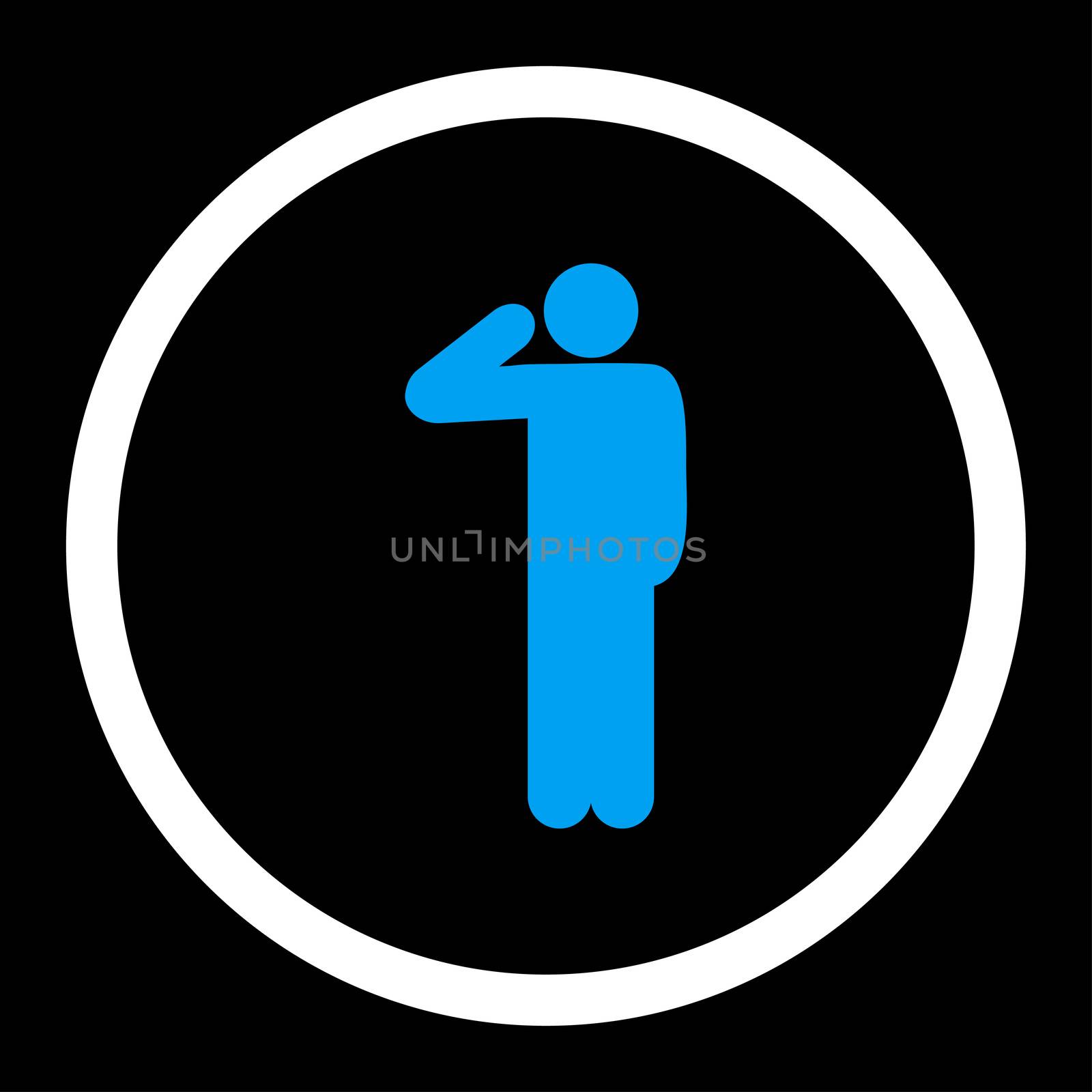 Salute glyph icon. This rounded flat symbol is drawn with blue and white colors on a black background.