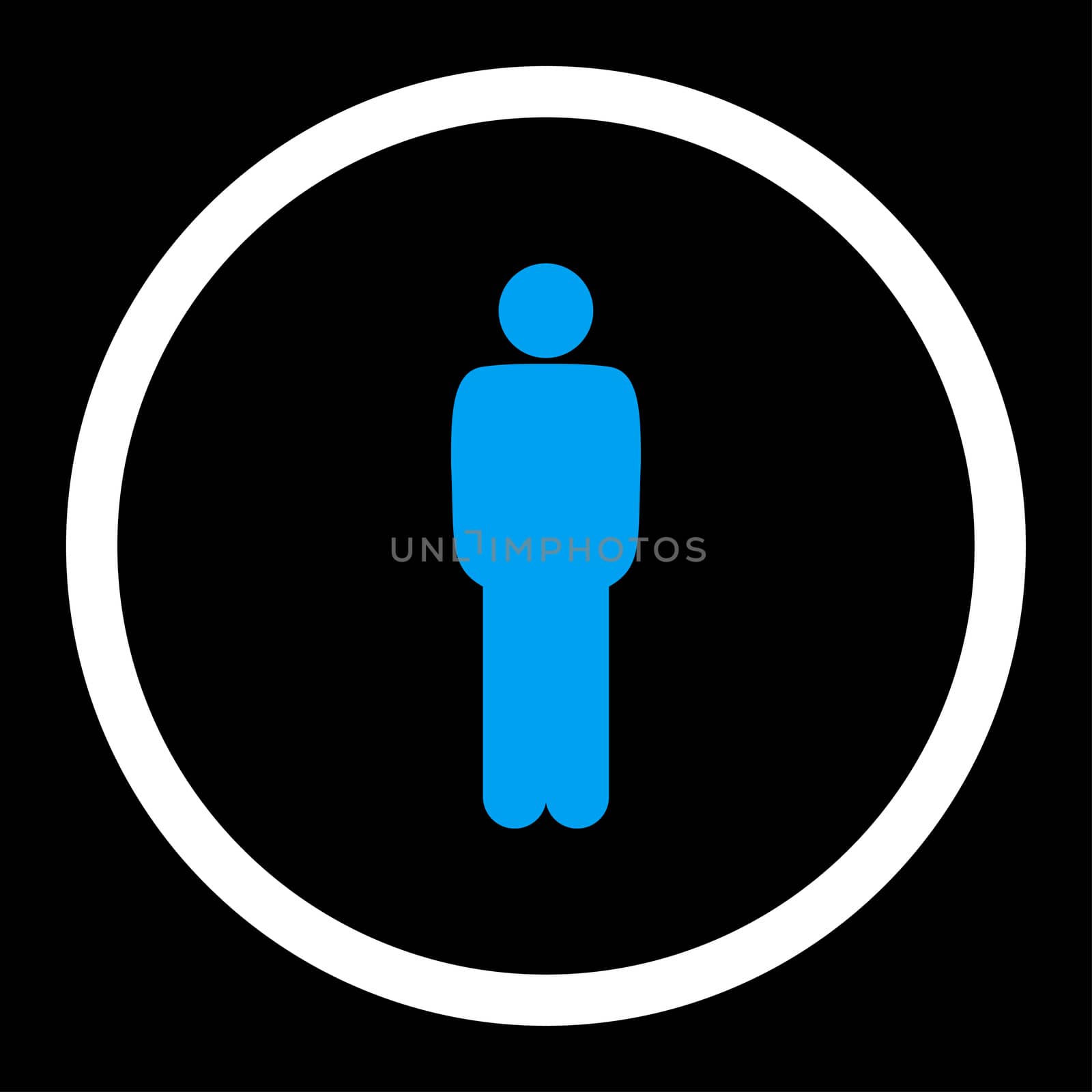 Standing glyph icon. This rounded flat symbol is drawn with blue and white colors on a black background.