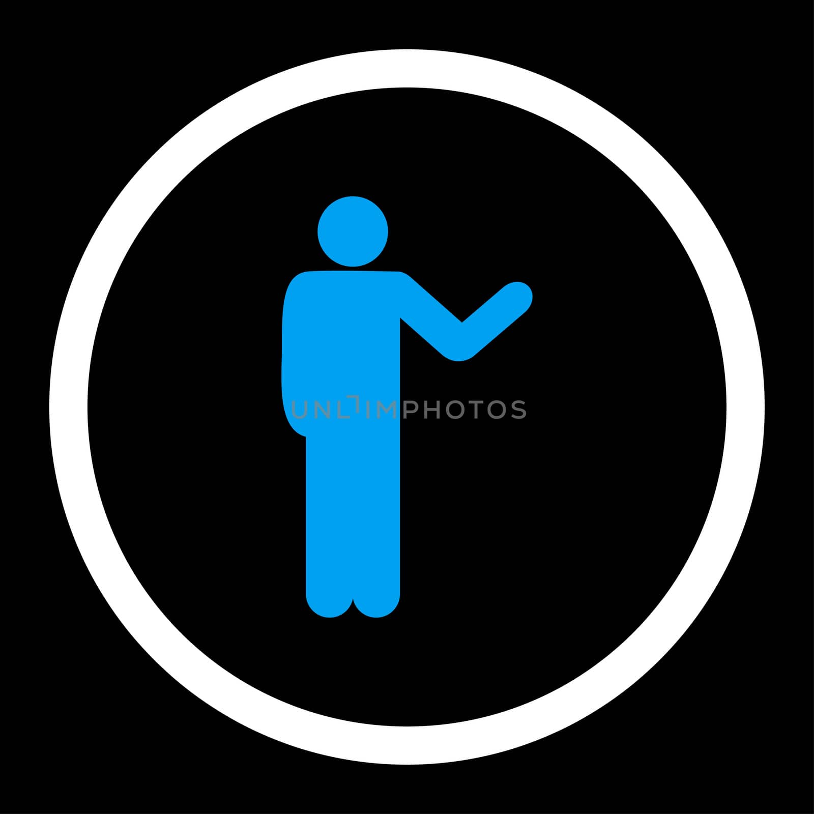 Talking person glyph icon. This rounded flat symbol is drawn with blue and white colors on a black background.