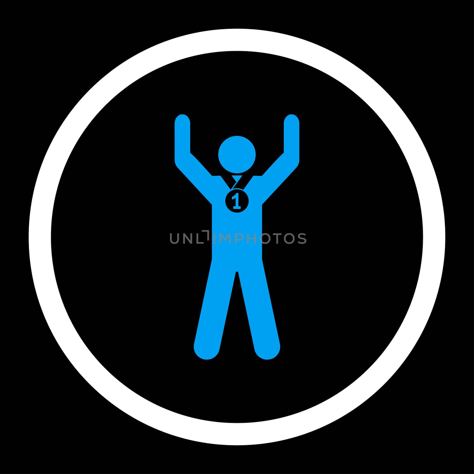 Winner glyph icon. This rounded flat symbol is drawn with blue and white colors on a black background.