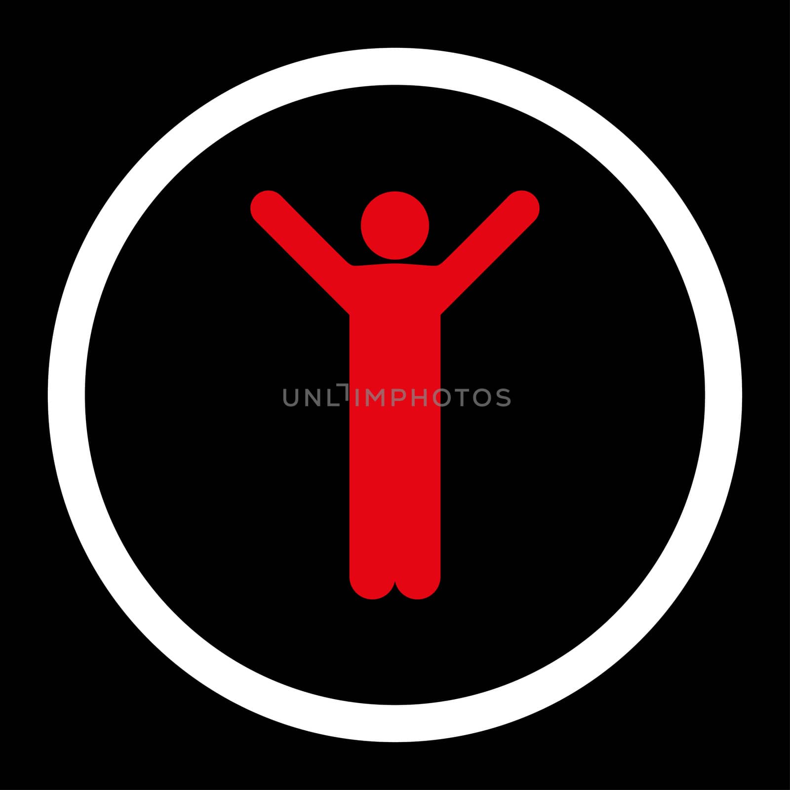 Happy glyph icon. This rounded flat symbol is drawn with red and white colors on a black background.