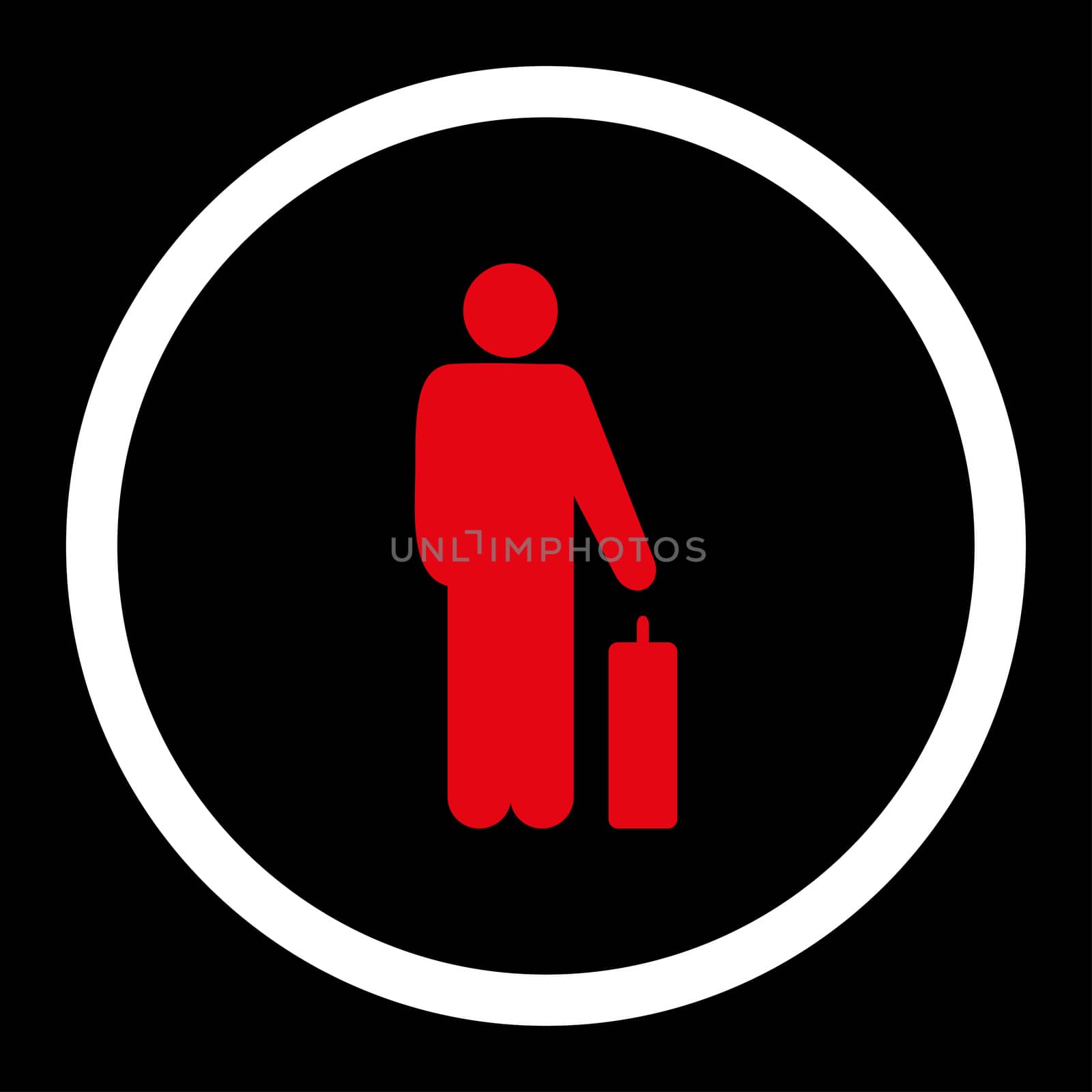 Passenger glyph icon. This rounded flat symbol is drawn with red and white colors on a black background.