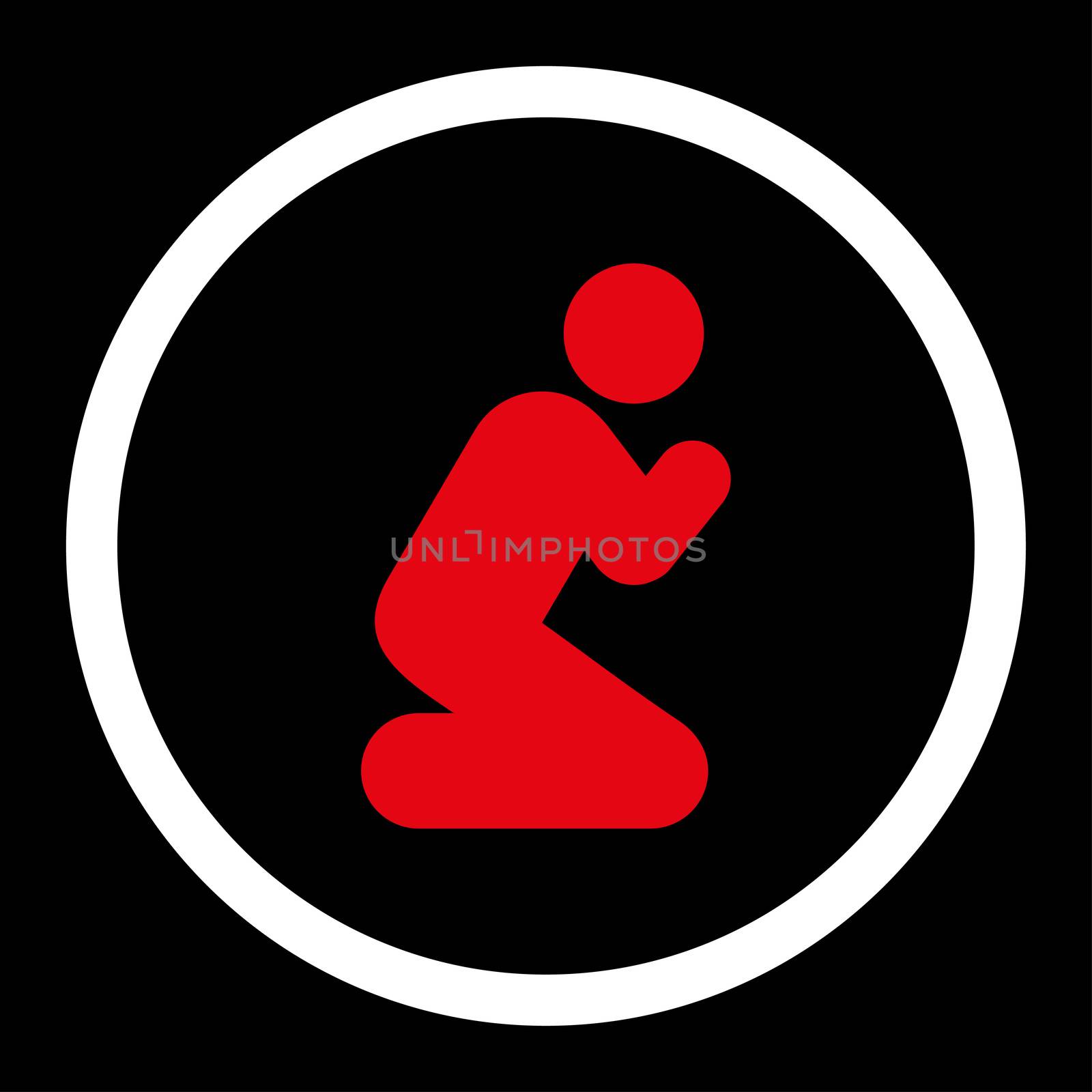 Pray glyph icon. This rounded flat symbol is drawn with red and white colors on a black background.