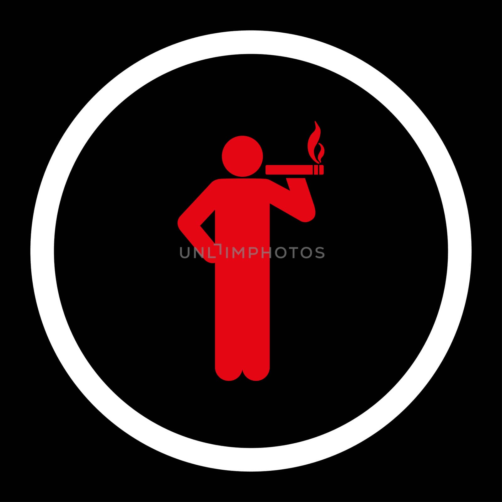 Smoking glyph icon. This rounded flat symbol is drawn with red and white colors on a black background.