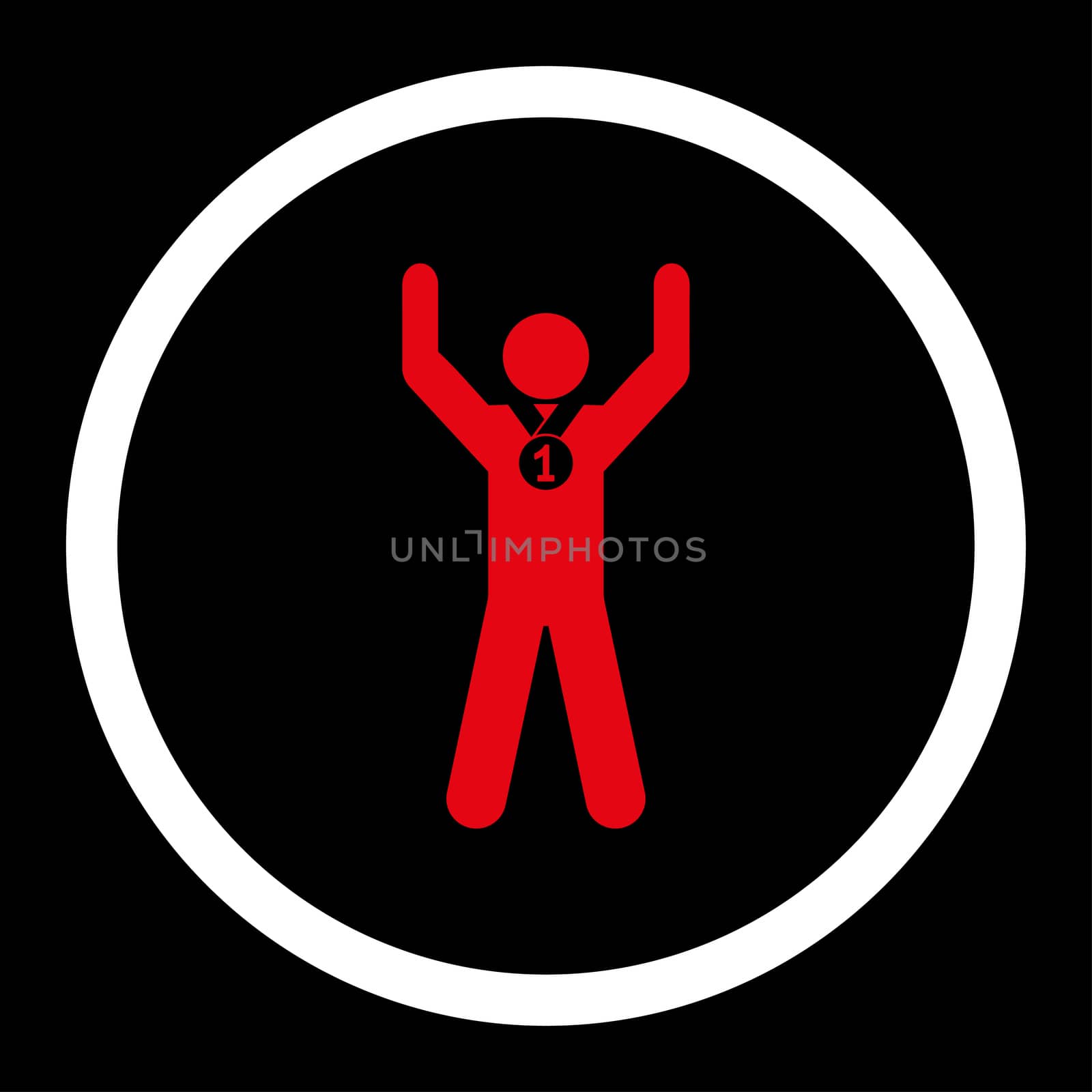 Winner glyph icon. This rounded flat symbol is drawn with red and white colors on a black background.