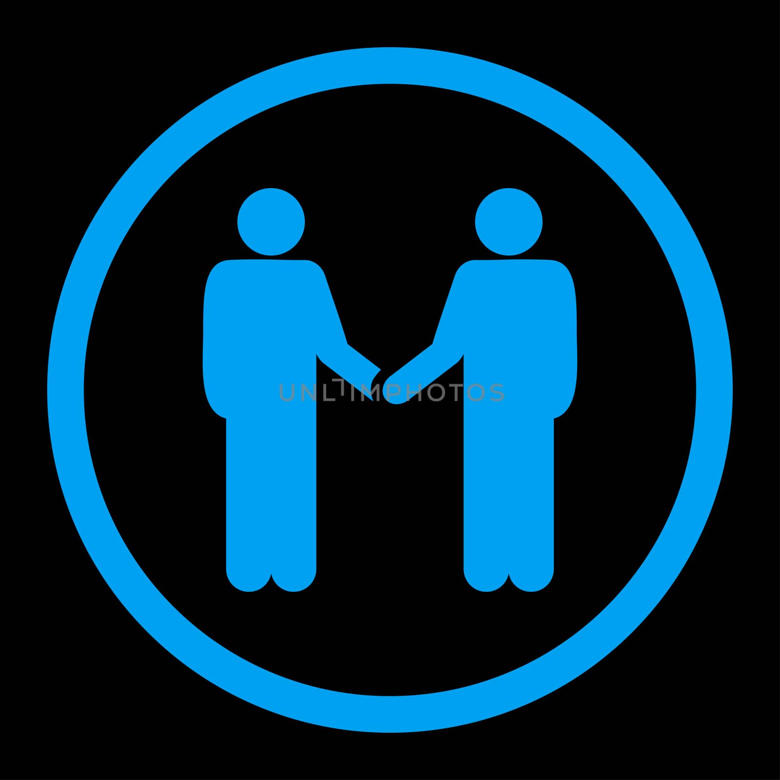 Handshake glyph icon. This rounded flat symbol is drawn with blue color on a black background.