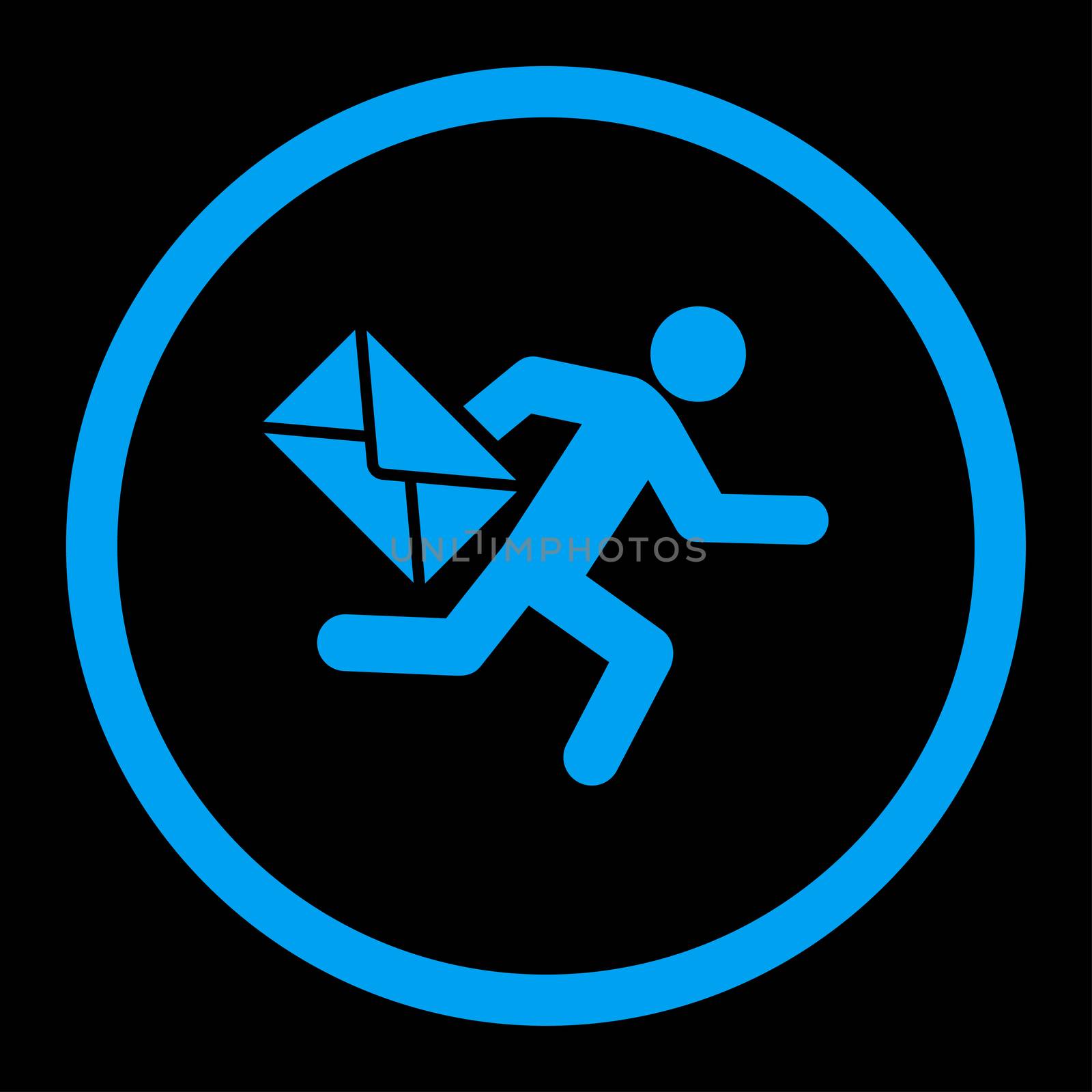 Mail courier glyph icon. This rounded flat symbol is drawn with blue color on a black background.