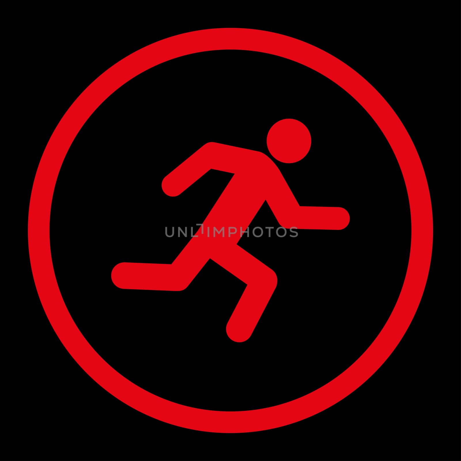 Running man glyph icon. This rounded flat symbol is drawn with red color on a black background.