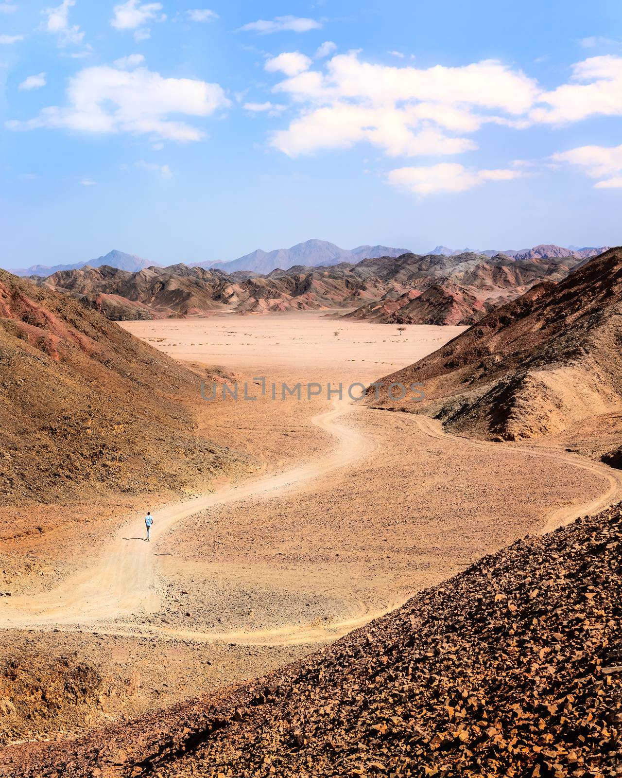 In the picture the Egyptian desert of stones with its mountains of many colors and man walking alone.